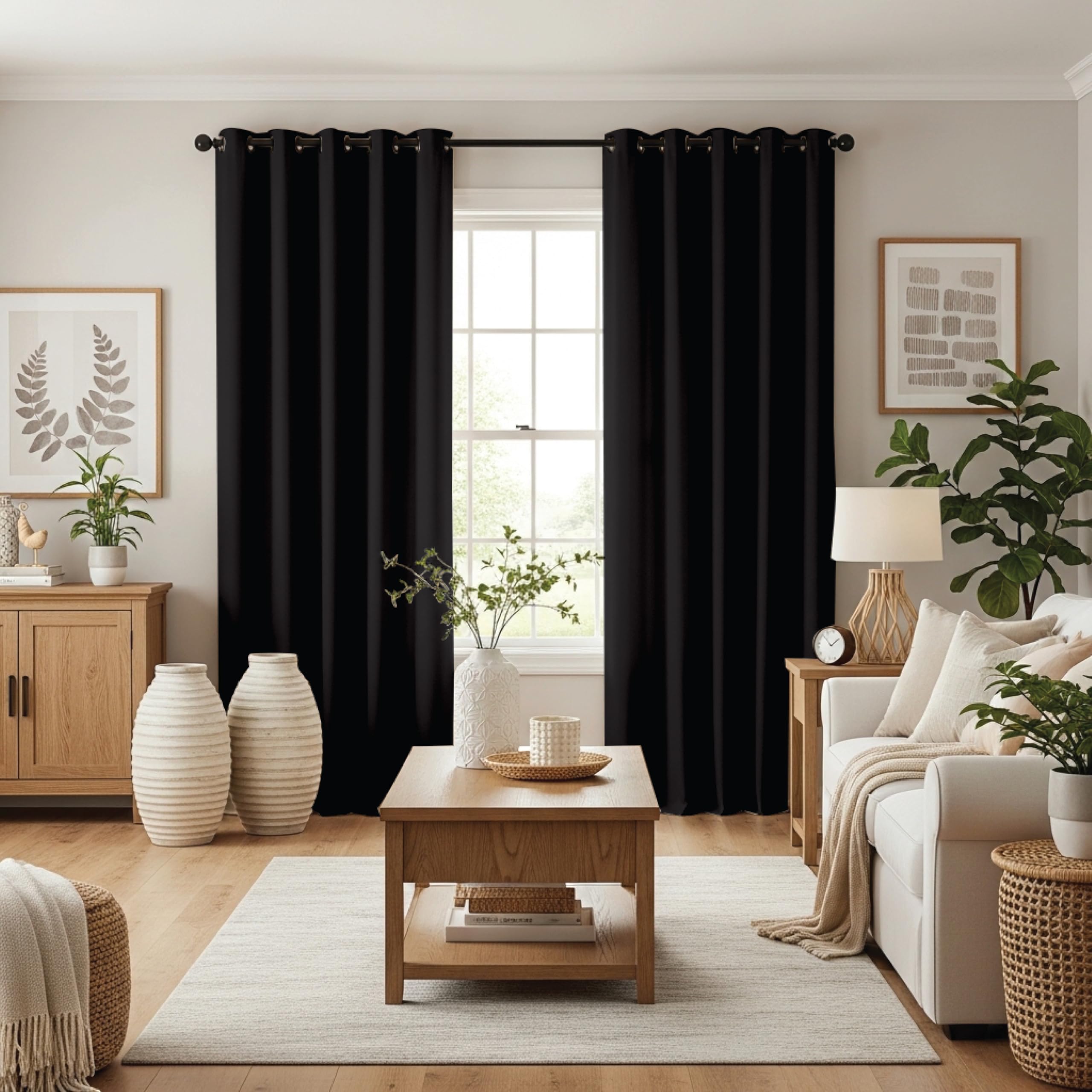 Ev Dekor® EVCRTN01 Thermal Blackout Curtains for Bedroom, Offices, Hotels Windows 66"(167cm) Wide X 90"(228cm) Long, Black - 2 Panels with Tie Backs — image 1