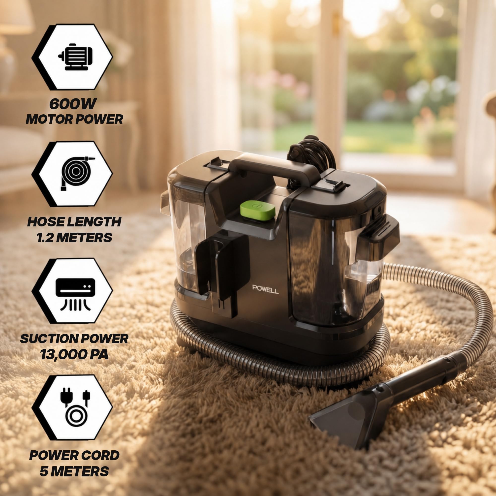Powell SpotPro600 Shampouineuse 600 W, 18 kPa, canapé et tapis, noir