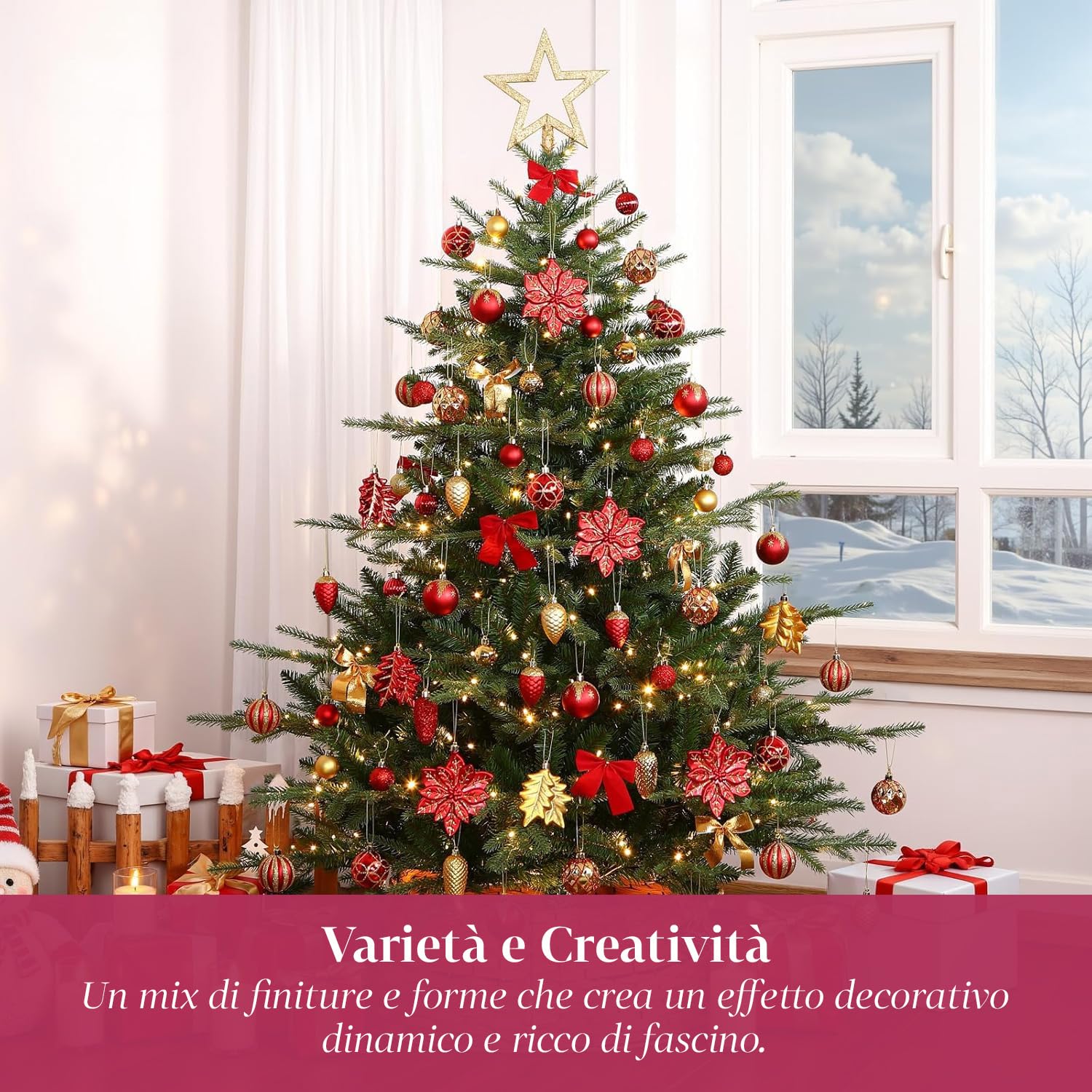 Wintem Lot de 106 décorations d'arbre de Noël en Rouge et Or avec balles, Fleurs et étoiles incassables pour décorations de Noël coordonnées, faciles à accrocher et à réutiliser