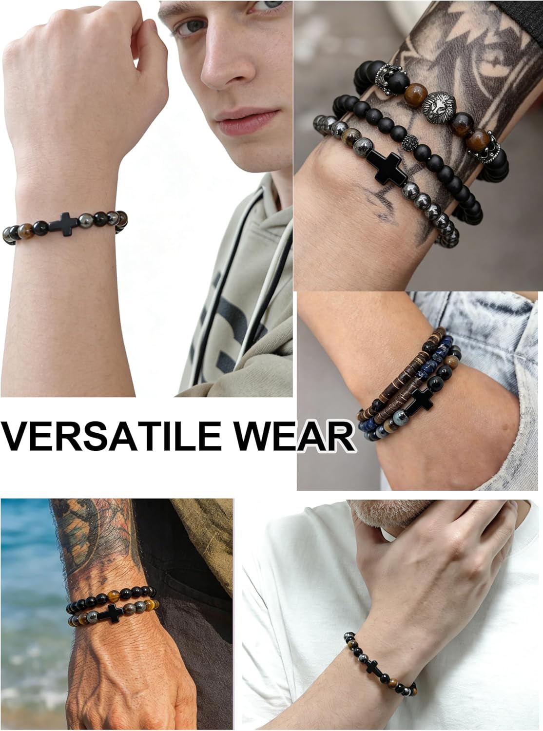 Valentine Gifts for Men Triple Protection Cross Bracelet 8mm Black Obsidian Hematite Tiger Eye Beaded Natural Stone Bracelets Birthday Jewelry Gifts Cross Christian Gift for Him Husband Son - Image 6