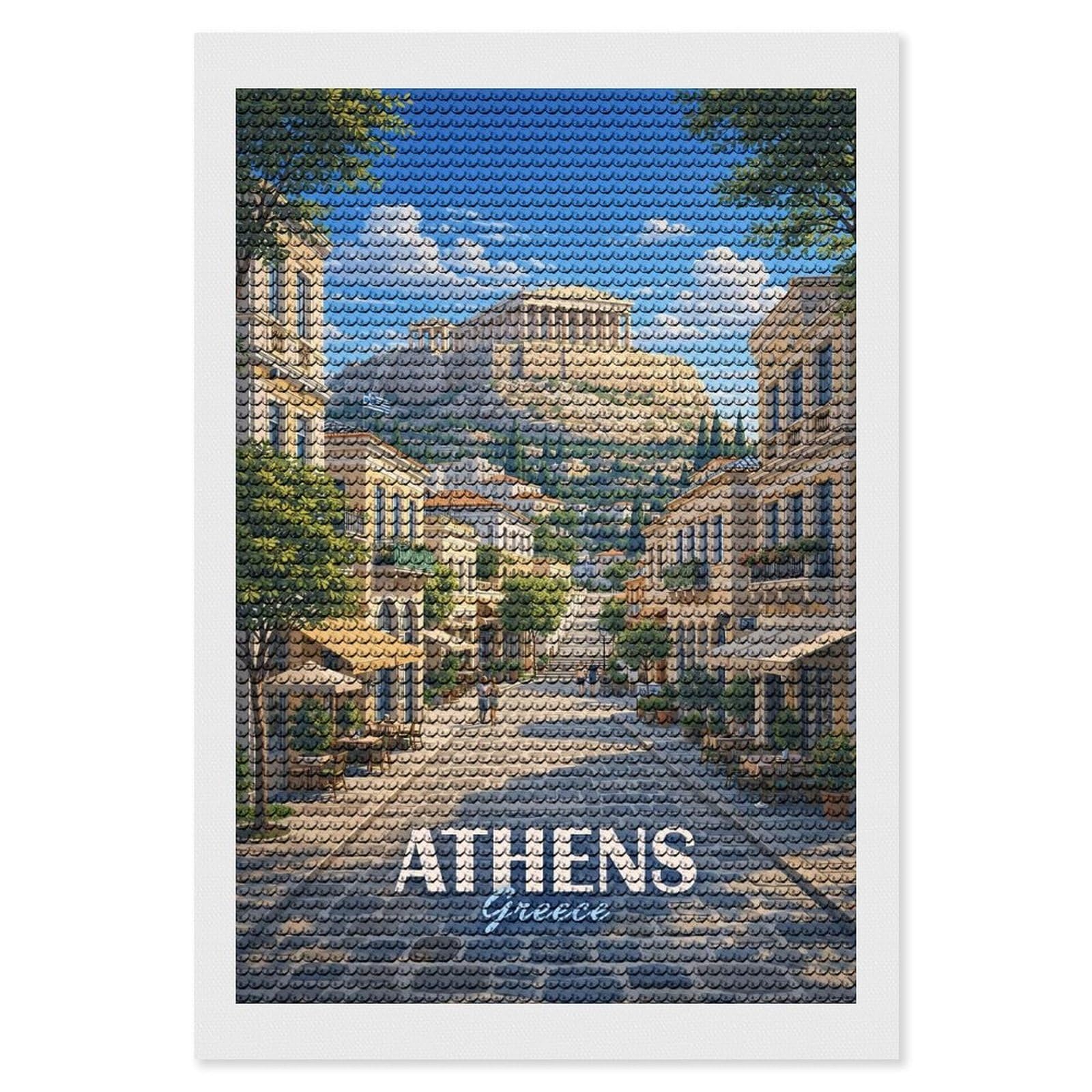 Junmoney Athens Greece Acropolis Street View Diamond Painting Set 8"x12", Neat Printed Canvas, with Tool Kit, Bedroom Decor, Gift Idea, Complete Accessories