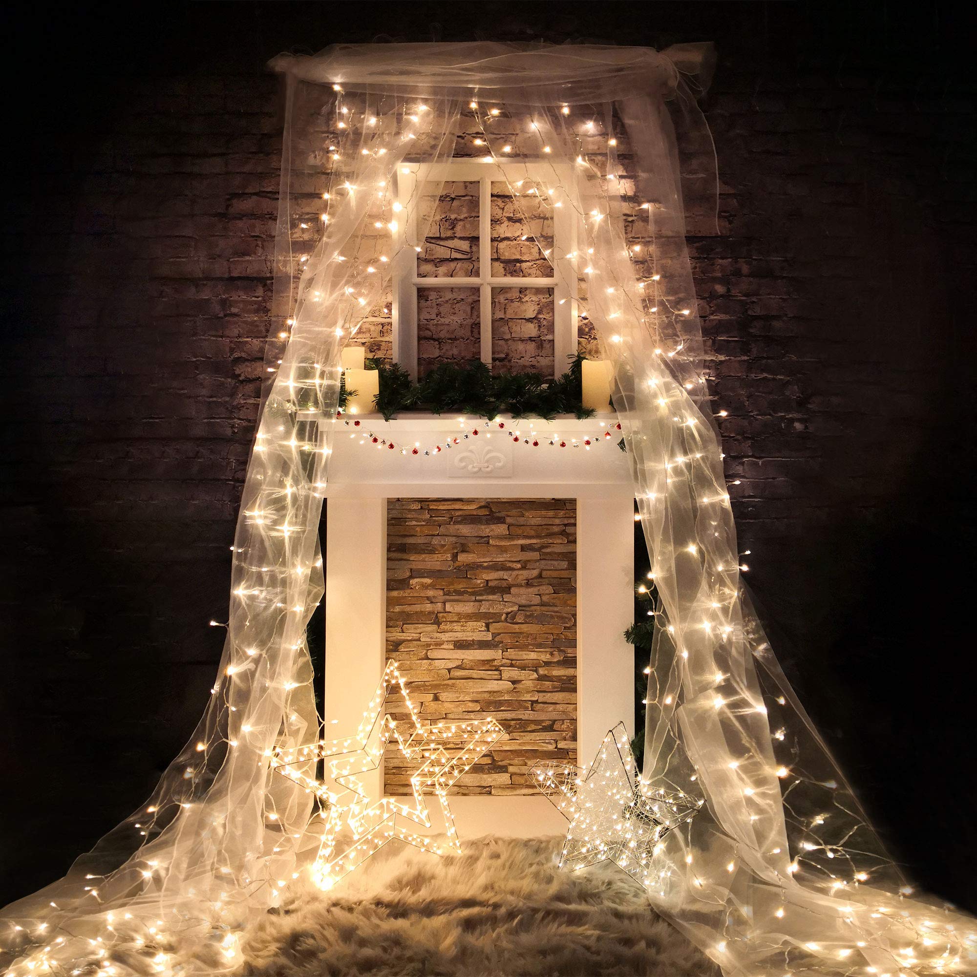 Idena 31856 - LED Lichtervorhang mit 300 LED in warmweiß, mit 8 Stunden Timer Funktion & Transformator, mit 10 Strängen ca. 3 x 3 m groß, Deko für Innen & Außen, als Party Deko, Weihnachtsdeko