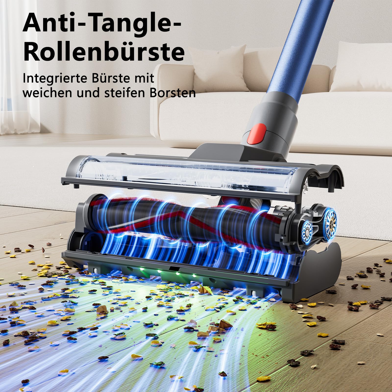 Akku Staubsauger 58000Pa/450W/65Min, Anti-Tangle-Bürste, LED-Touchdisplay, 0.8L Behälter, 8-Schicht HEPA, Selbststehend Staubsauger Kabellos mit 2 Ersatzfilter für Tierhaare/Teppich/Hartböden/Auto