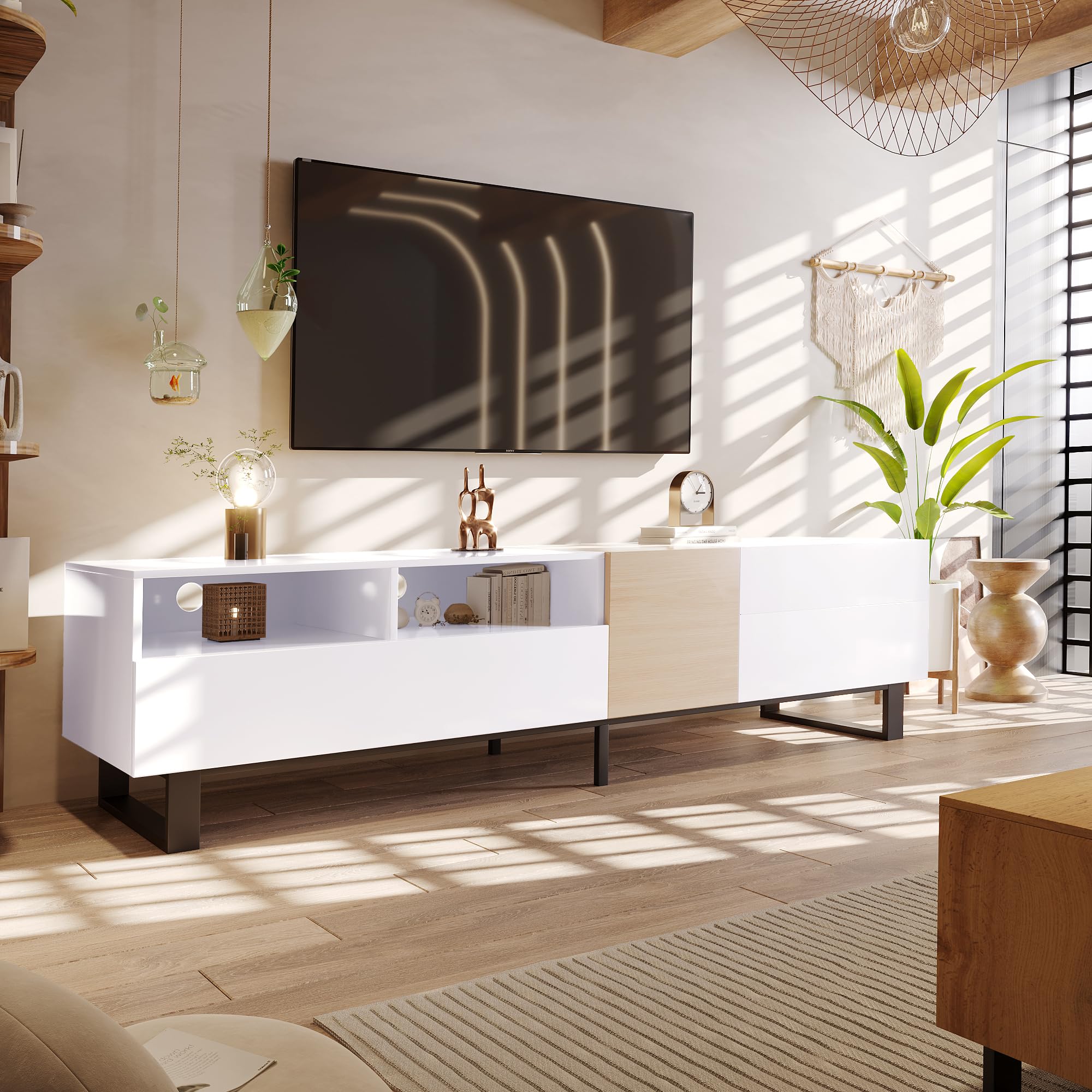 Virubi Modern TV Stand with 3 Cabinets & Open Shelves, Minimalist Wooden Entertainment Center for TVs Up to 80”, Sturdy TV Console for Living Room