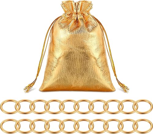 20 anillos dorados de juguete, anillos de metal, figuras de juego, anillos de atrapasueños con bolsas de organza con cordón (dorado, 1.18 x 1.2