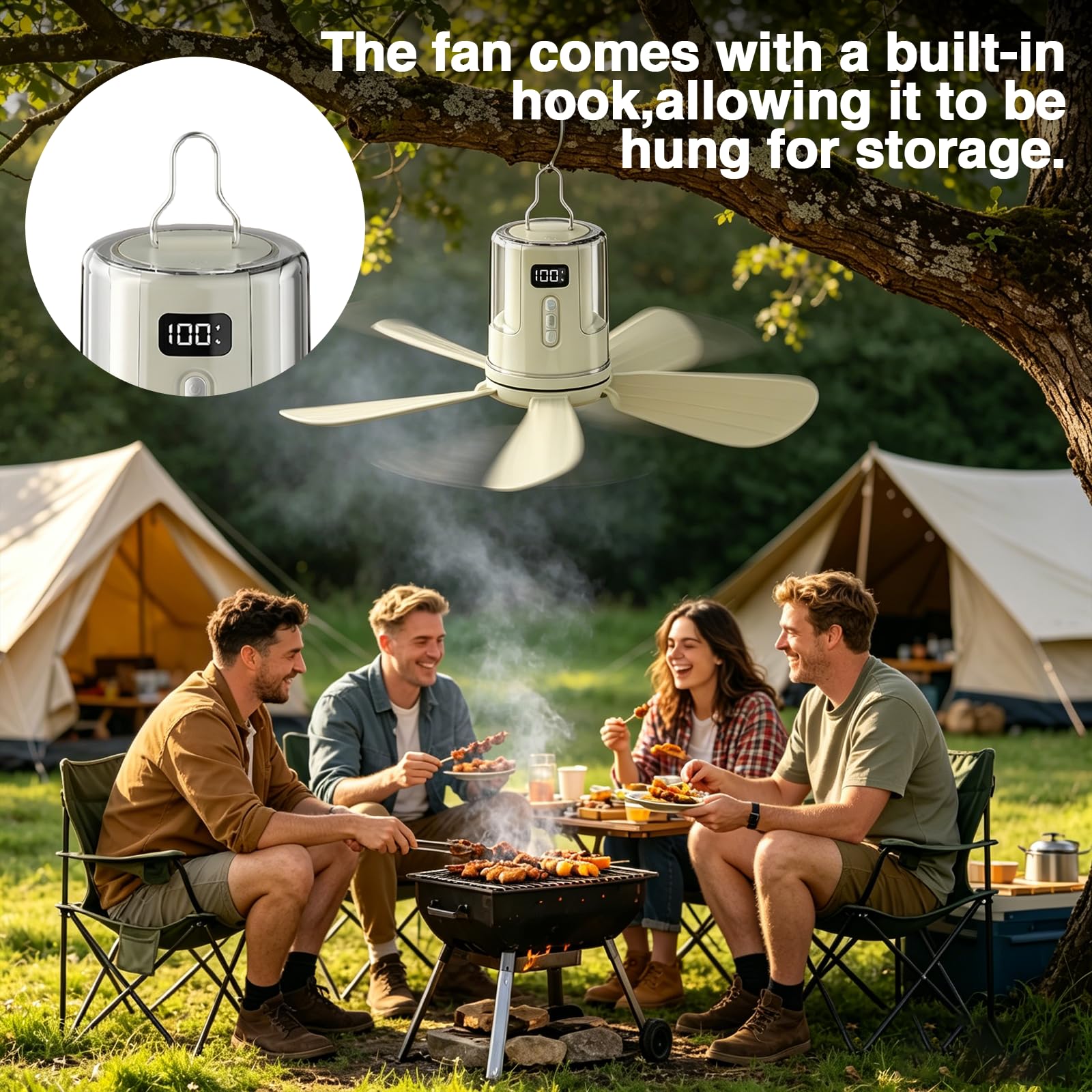 Deckenventilator Akku mit Beleuchtung Camping, 10800mAh Innen und Außen Camping Ventilator Akku mit Halterung Aufhänger, Mobiler Ventilator Akku für Outdoor Außenbereich, Pavillon Terrasse (white)