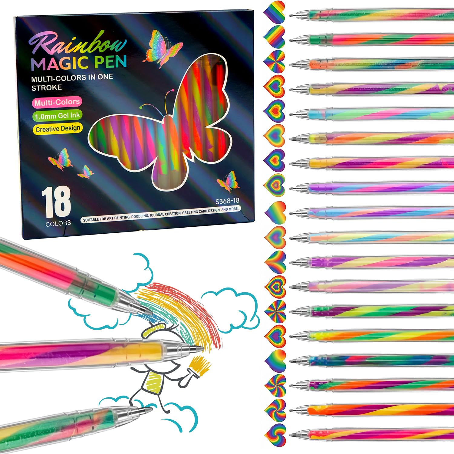 MOTIBACK 18 Pack Rainbow Gel Pens - 1.0mm Color Changing Pens Multicolor Gel Pen Set for Coloring Books Journaling Drawing DIY Crafts