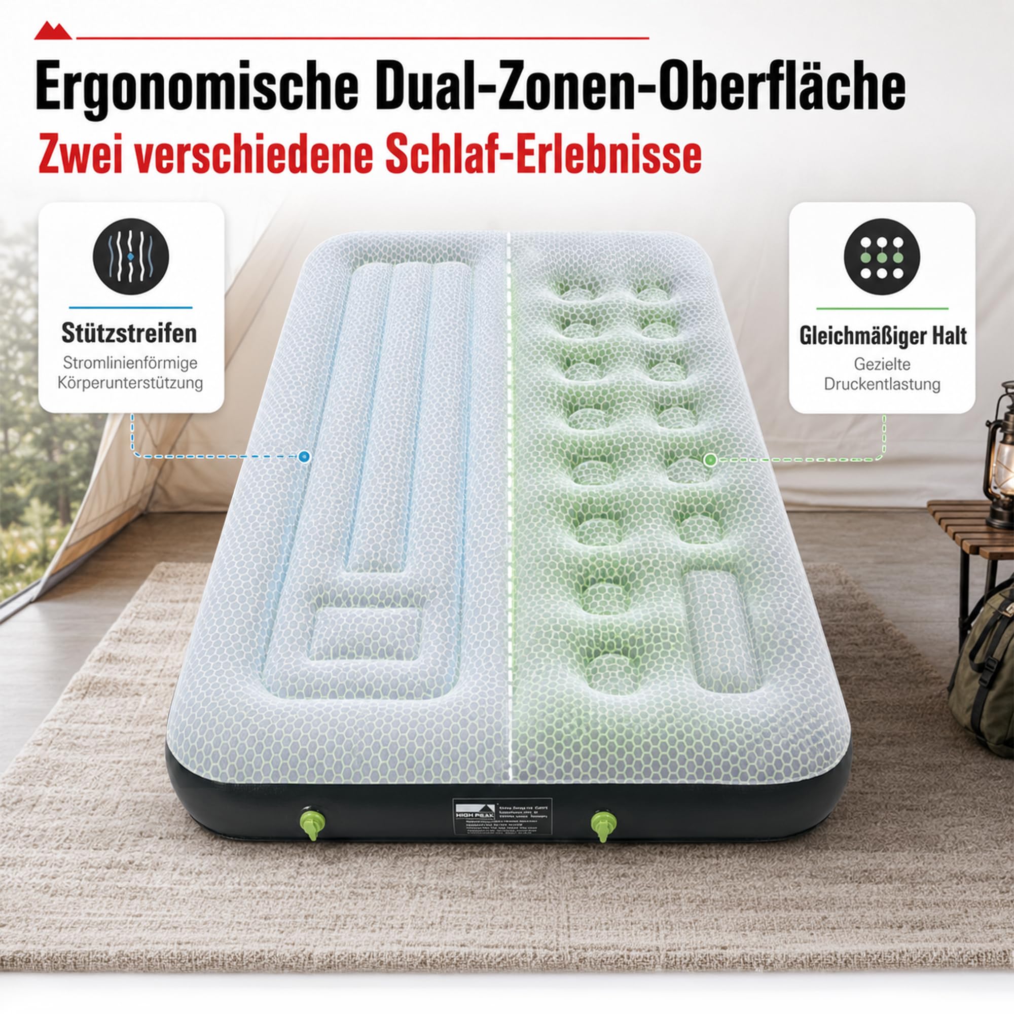 High Peak Luftbett 2 Personen mit integrierten Pumpen und Doppelkammer | Anti-Rutsch-Pads, Doppelventil, Dual-Zonen-Liegefläche, pflegeleicht, 198x137x22cm, bis 250kg, für Zelt, Zuhause, Reisen
