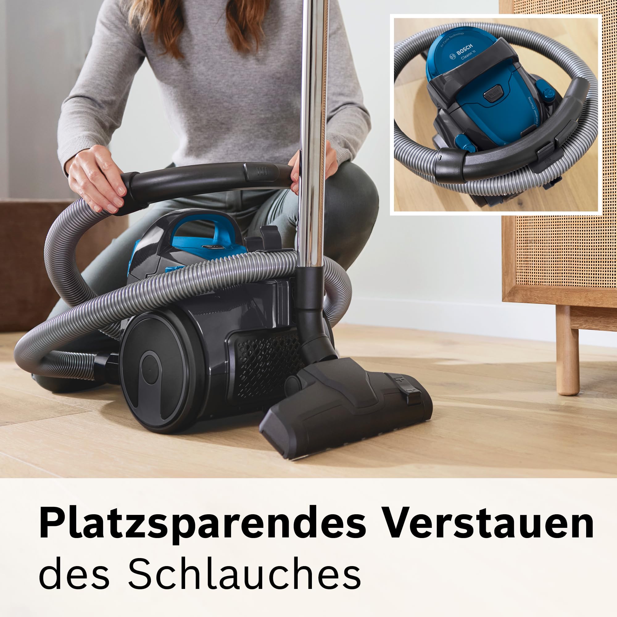 Bosch Staubsauger beutellos Clean´n Serie 2 BGC05A220A, Bodenstaubsauger, Bodendüse für Parkett, Teppich, Fliesen, Hygiene-Filter, langes Kabel, leise, leicht, 700 W, blau