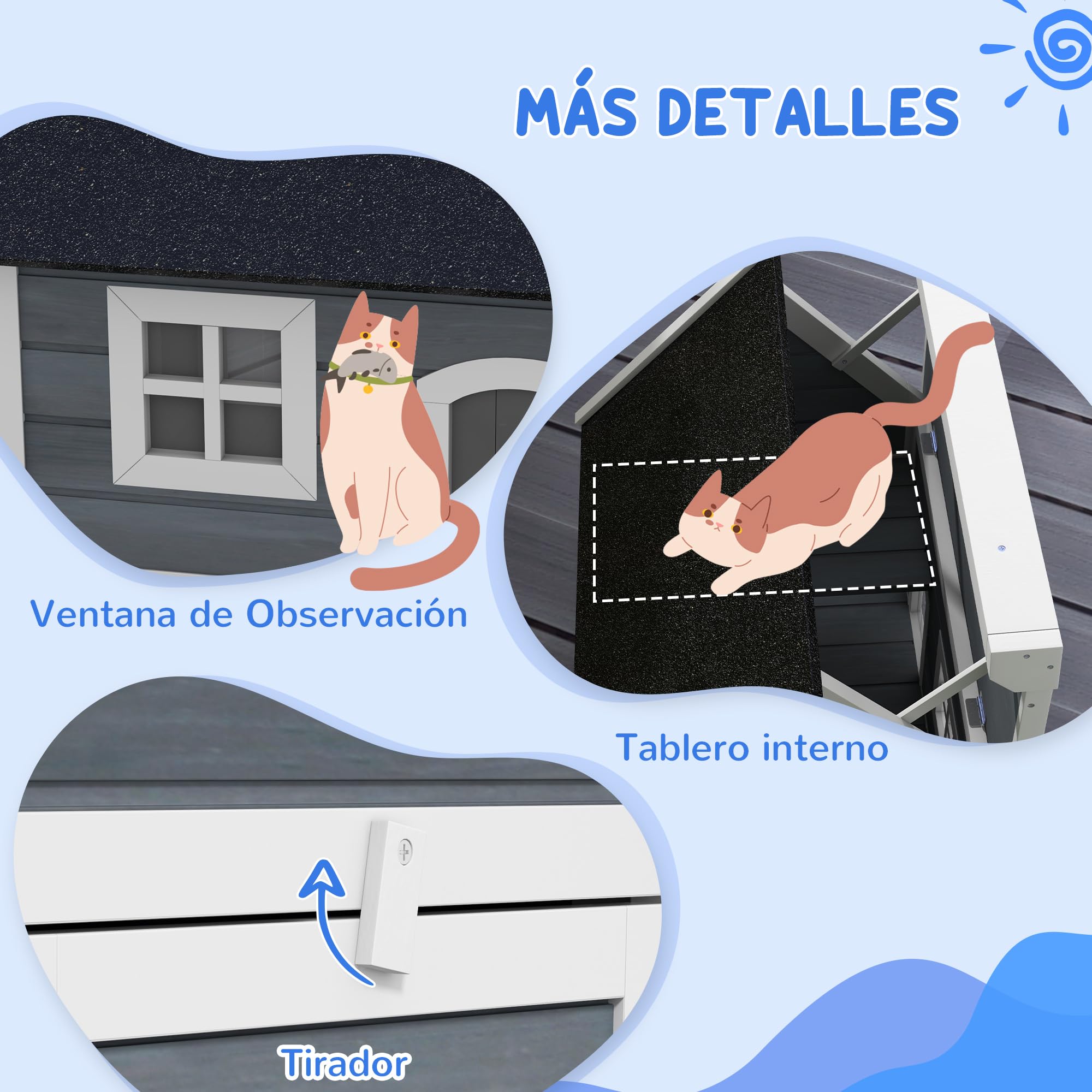 PawHut Casa para Gatos de Madera con Techo Asfáltico Abatible, Ventana y Puertas con Cortina, 77x57,5x68 cm Gris y Negro
