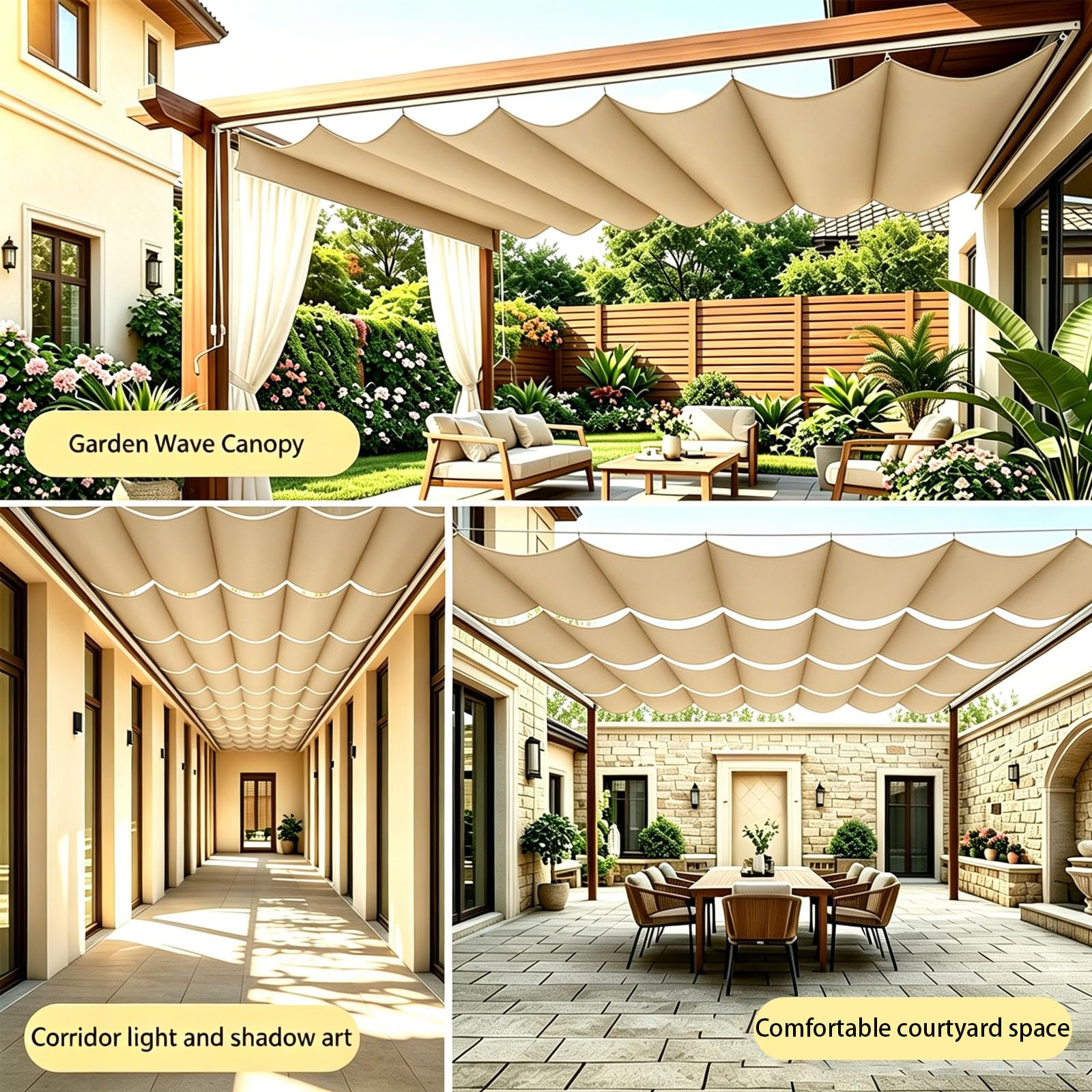 Rozwijany żagiel przeciwsłoneczny Wave, regulowana osłona przeciwsłoneczna do pergoli, dostępne rozmiary niestandardowe, do ogrodu i na zewnątrz-Light Khaki||300x650cm
