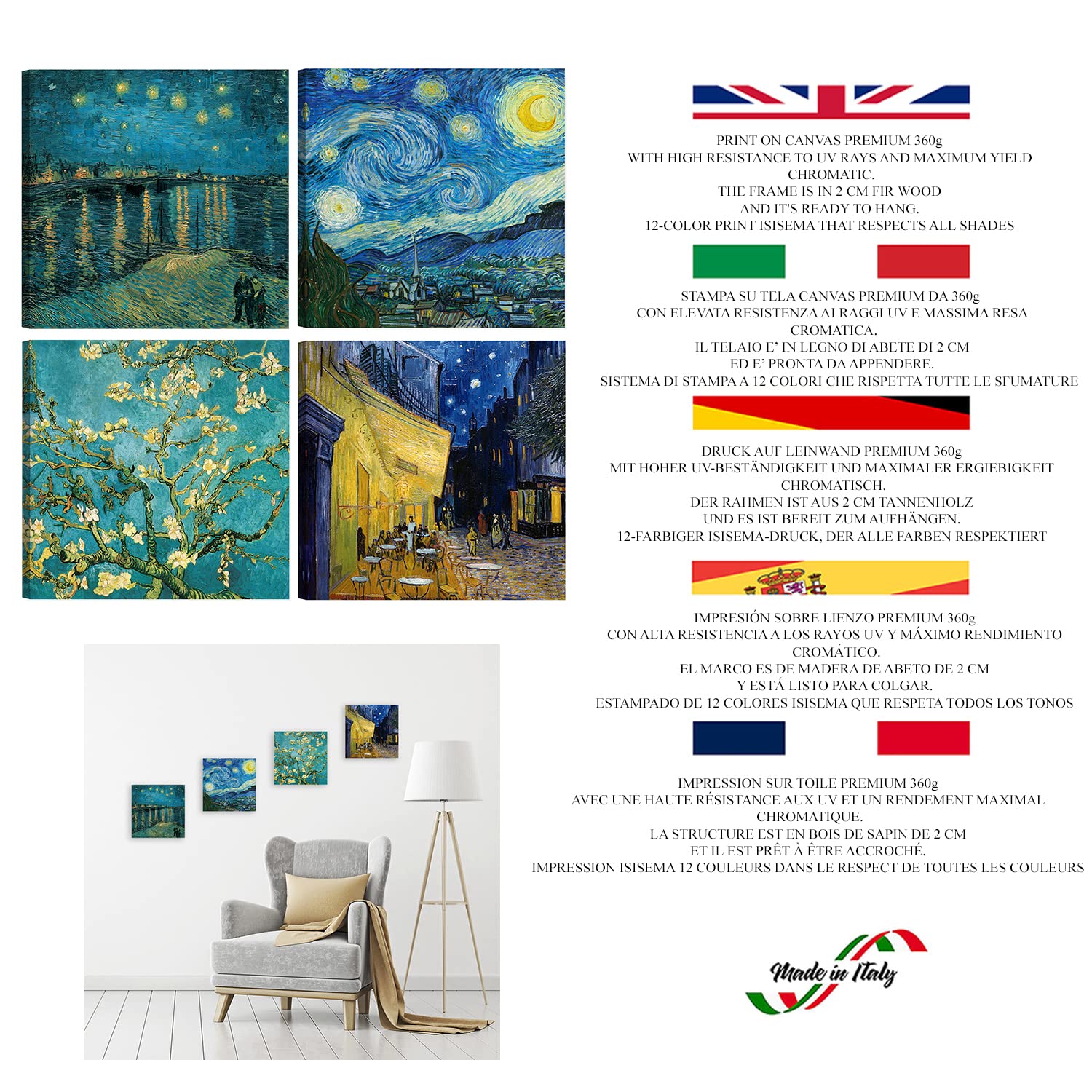 DìMò ART Quadri Moderni Vincent Van Gogh 4 pz 30x30 CM cadauno Stampa su tela Canvas Arredamento Arte Classica Arredo per cucina, camera da letto, soggiorno, salotto, bar, ufficio, ristorante