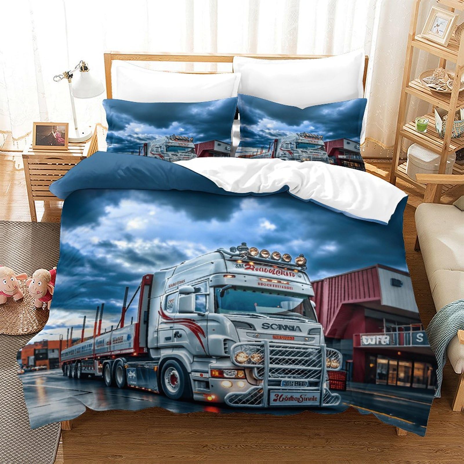 XiaopangXY Lorry Washable Comforter Cover Hidden Zipper Duvet Cover Set with Pillowcases Truck Bedding Set Soft Microfiber Quilt Cover Set for Kids & Adults King（220x240cm）