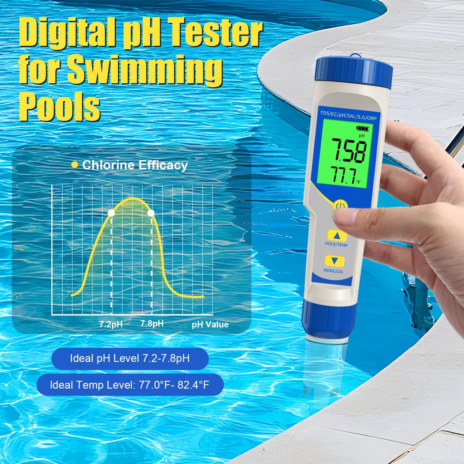 Ph-mètre 7 en 1, résolution 0.01, TDS EC ORP ppm, testeur salimètre for piscine, eau salée, Aquarium, culture hydroponique