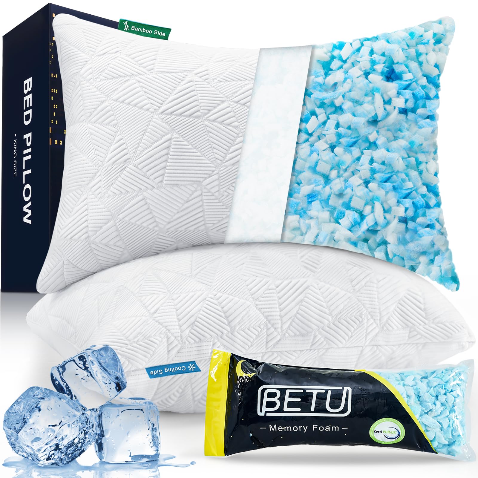 BETU Cooling Pillows Queen Size Set of 2, Shredded Memory Foam Pillows Cool for Hot Sleepe...