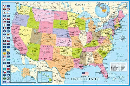 AllPosters Póster de pared, mapa de los Estados Unidos con banderas estatales, 36x24