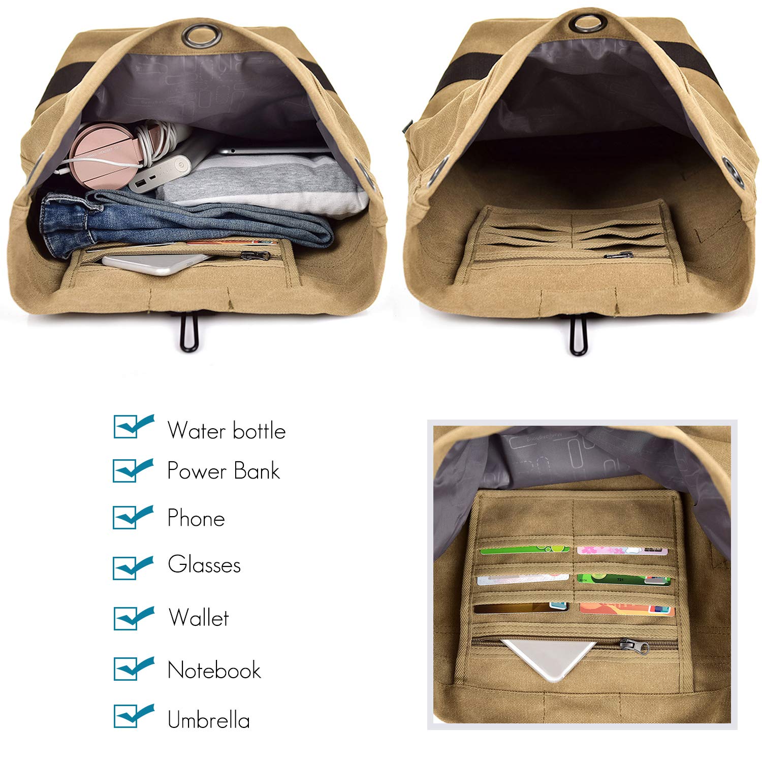 FANDARE Retro Zaini Tela Zainetto porta PC Cartelle Zaino Scuola Adolescente Borsa da scuola Borse a Zaino Zainetti Daypacks per Uomo Donna All'aperto Viaggio Escursionismo Camping Cachi