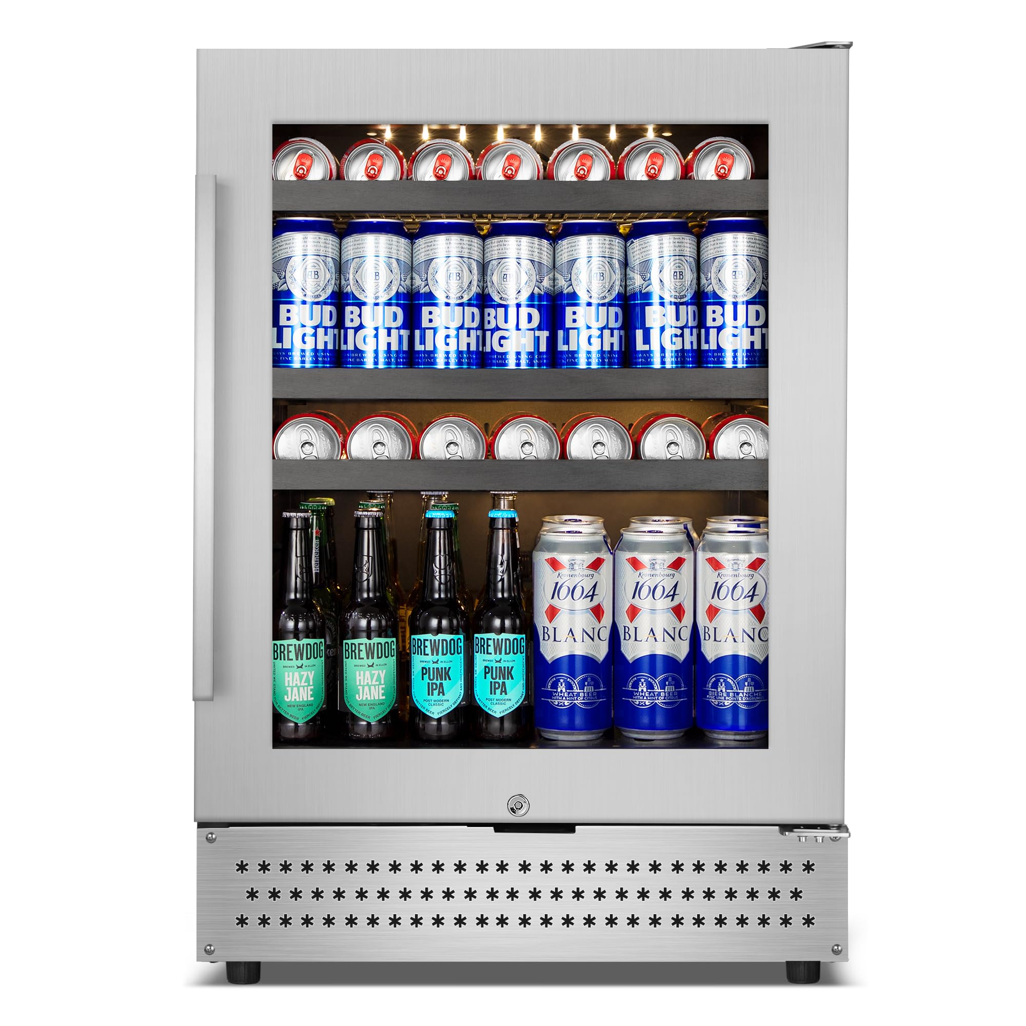 Beverage Refrigerator 24 inch，Under Counter Beverage Fridge with Seamless Glass Door Lock and Automatic Lights for Built-in or Freestanding