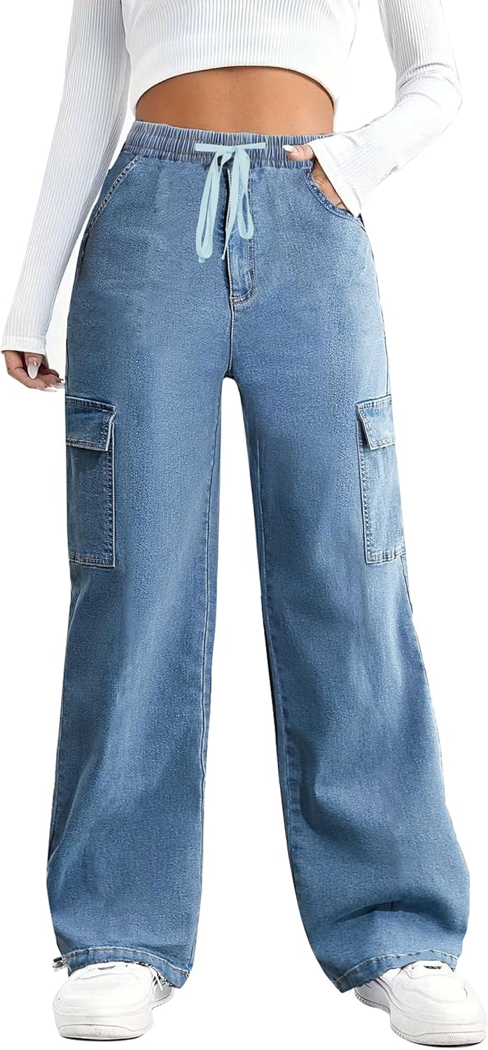 SESERAGI Straight Wide Leg Cargo Jeans Baggy Stretchy Elastic Waist Drawstring Casual Trousers Denim Pants Streetwear