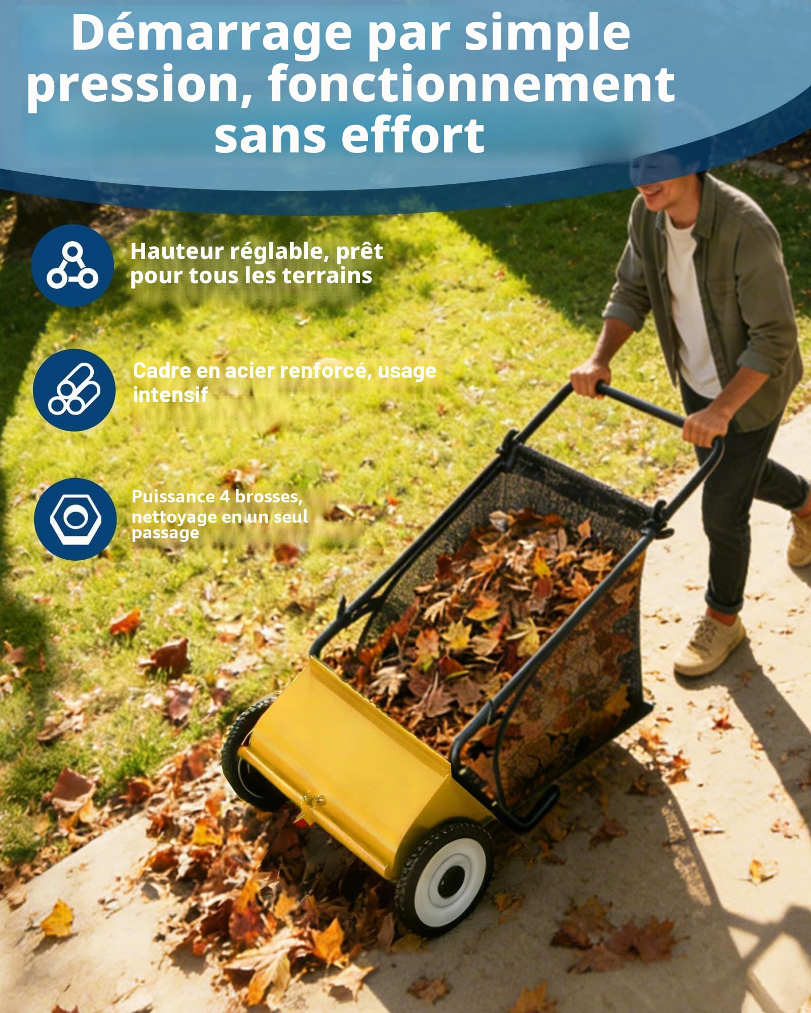 Garvee Ramasseur De Feuilles à Pousser 53cm – 100L Grande Capacité | Système De 4 Brosses Amélioré, Cadre En Acier Robuste, Collecte Efficace De Feuilles Et Débris Pour Jardin & Pelouse