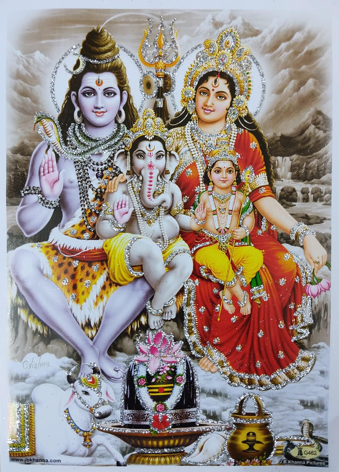 Crafts of India Lord Shiva Family Poster/Hindu God Picture with Glitter (Unframed : Size 5"X7" inches)