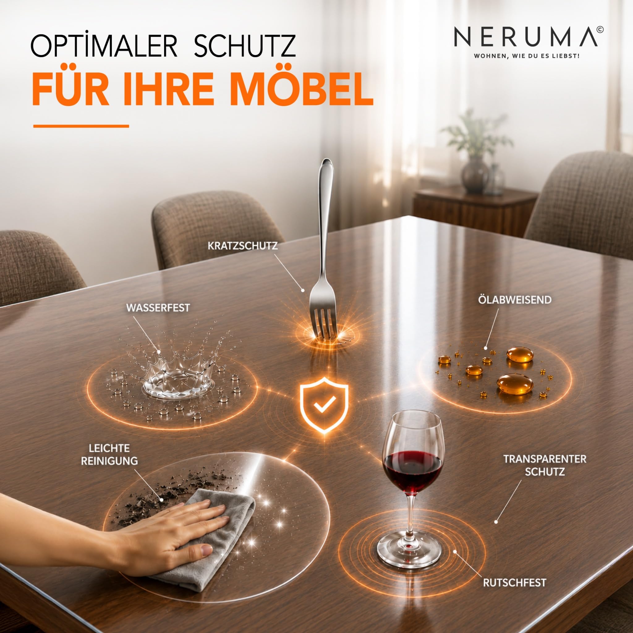 Tischfolie als transparenter Tischschutz, transparente Folien-Tischdecke, Schmutzabweisend, abwischbar und individuell zuschneidbar – 2 mm