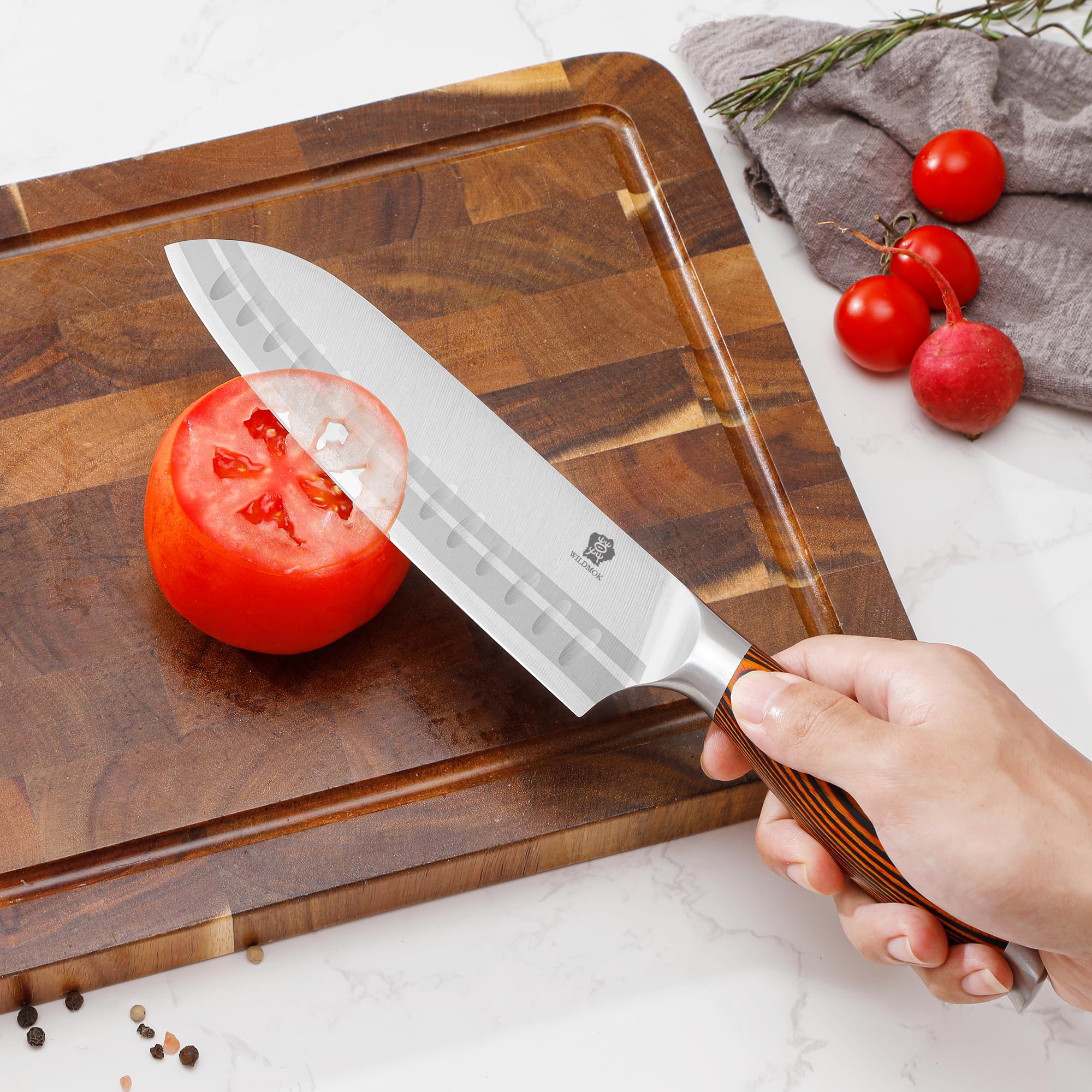 WILDMOK 18cm Santoku Messer Asiatischer Art, Santokumesser, Deutsch Edelstahl Küchenmesser mit ergonomischem Griff für Haus und Restaurant