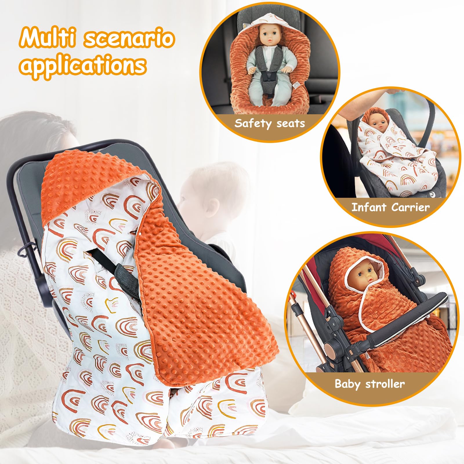 Manta Para Bebé: 90x90cm Manta Con Capucha, Manta Universal Manta Saco Capazo Manta Para Asiento De Coche Para Bebé Manta Para Envolver Al Bebé Manta Bebe Recien Nacido Para Cochecito,Marrón Arco Iris
