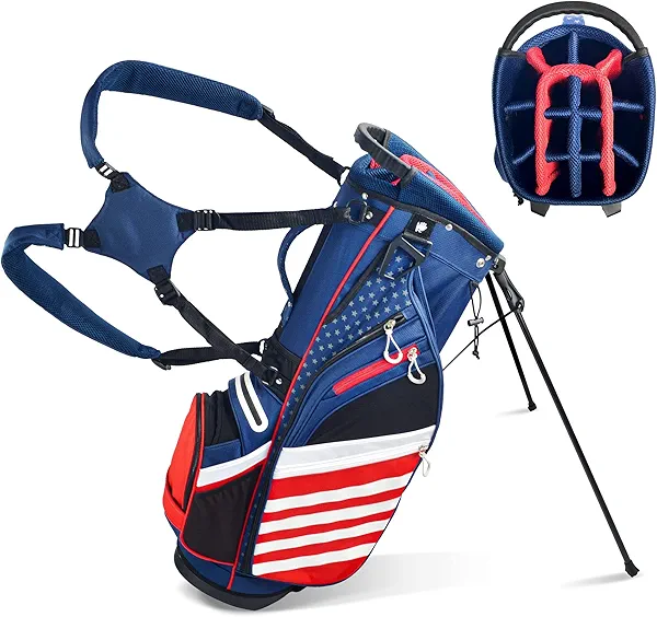 BOBOPRO Golf Stand Bag, Lightweight 14 Way Top Dividers Golf Carry Bag with 8 Pockets, USA Stars & Stripes Golf Bag for Golf Club Golf Cart for Men & Women