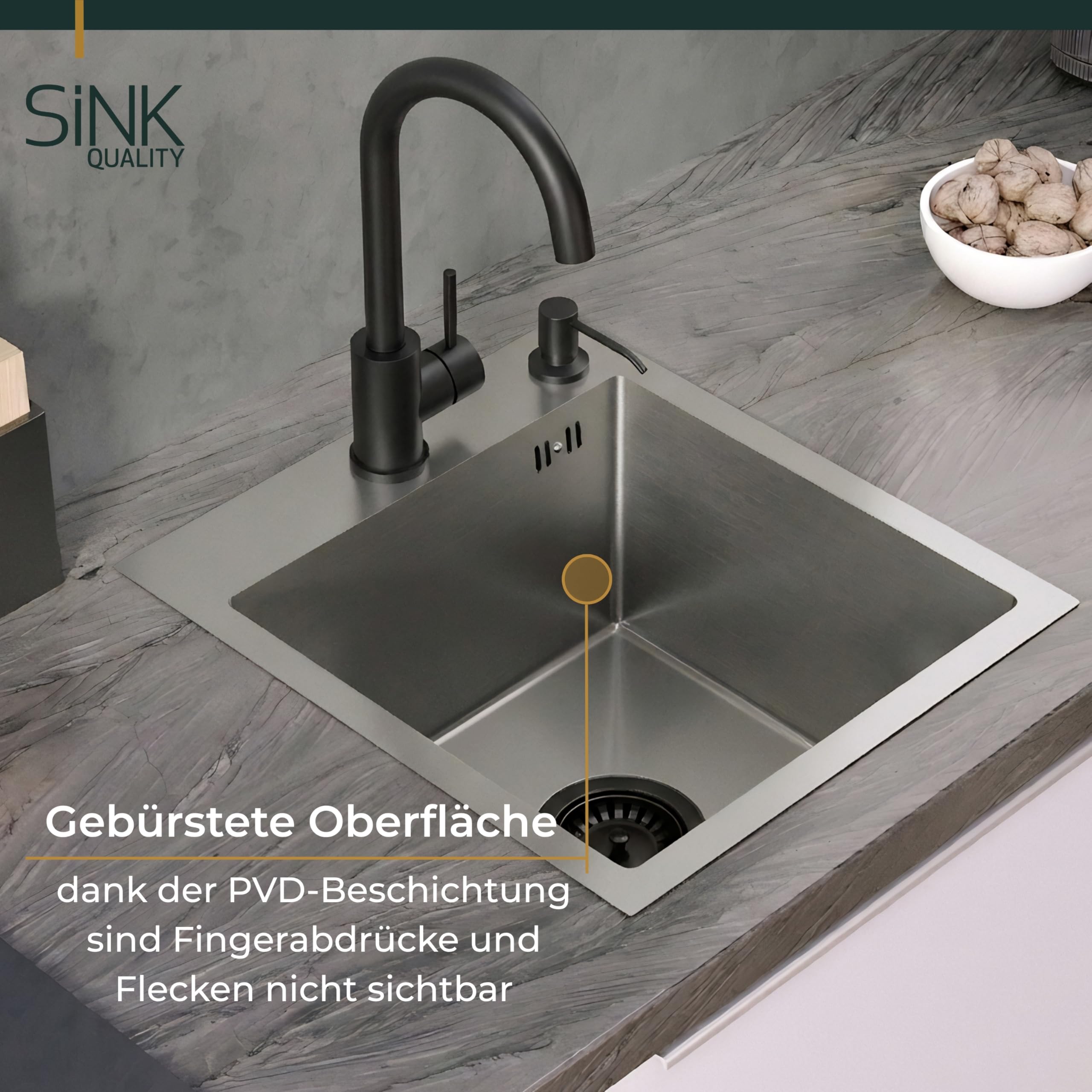 SINK Quality Lavello Cucina 40x45 cm | Acciaio Inox 304 | Vasca Singola Antigraffio PVD | Insonorizzato e Anticondensa | Sifone Salvaspazio Incluso | Ideale per Base 40 cm