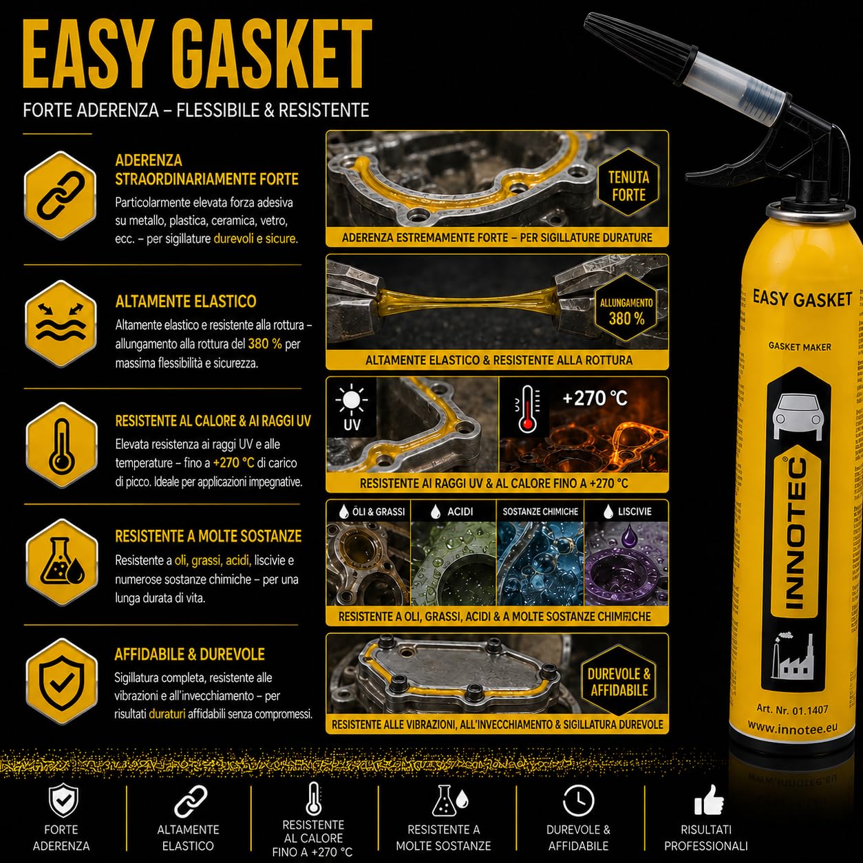 Innotec Sigillante motore Easy Gasket – Sigillante, guarnizione testa cilindrica, guarnizione per vasca d'olio, nero ad alta temperatura, guarnizione liquida – ingranaggi motore guarnizione coppa olio