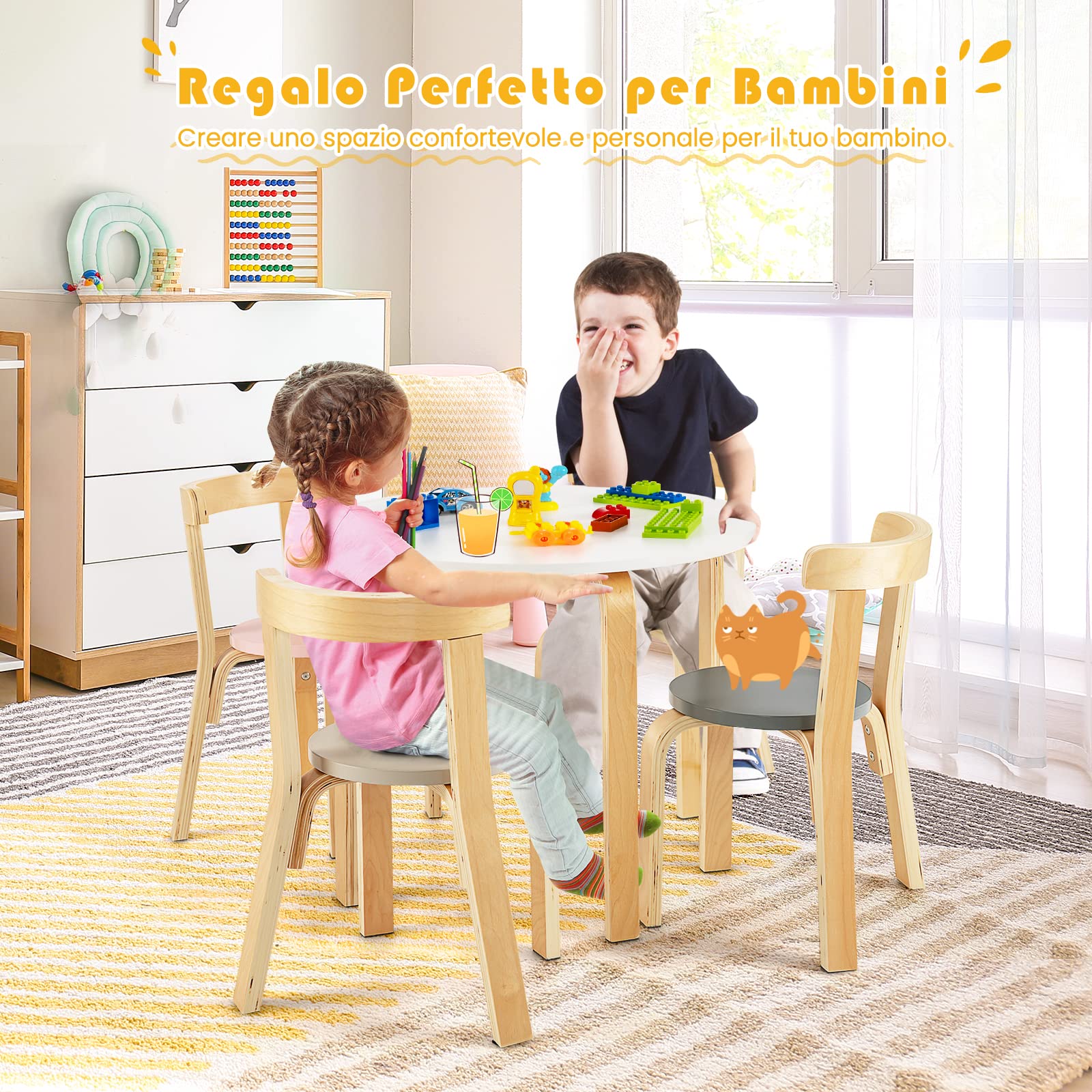 RELAX4LIFE Set di Mobili 5 Pezzi, Tavolo Attività e 4 Sedie per Bambini in Legno per Scuola, Stanza dei Giochi e Camera, +4 Anni