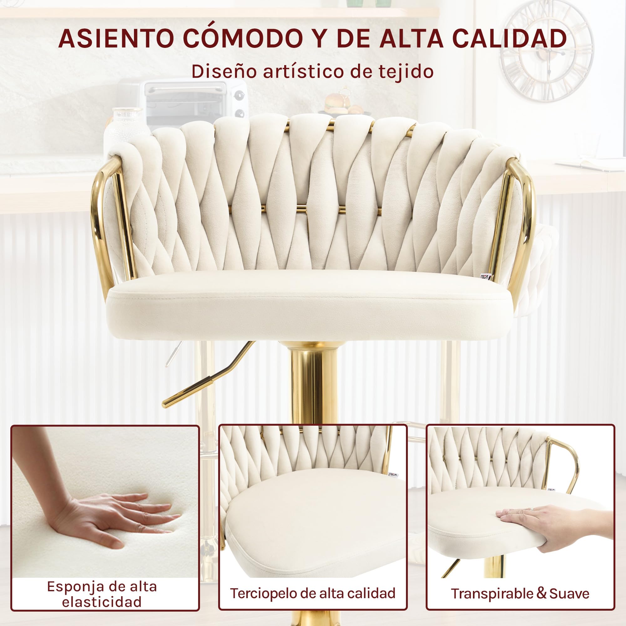 WOLTU Taburete de Bar, Taburete Alto de Cocinacon Respaldo y Reposapiés, Altura Ajustable, Base de Metal, Terciopelo, Crema