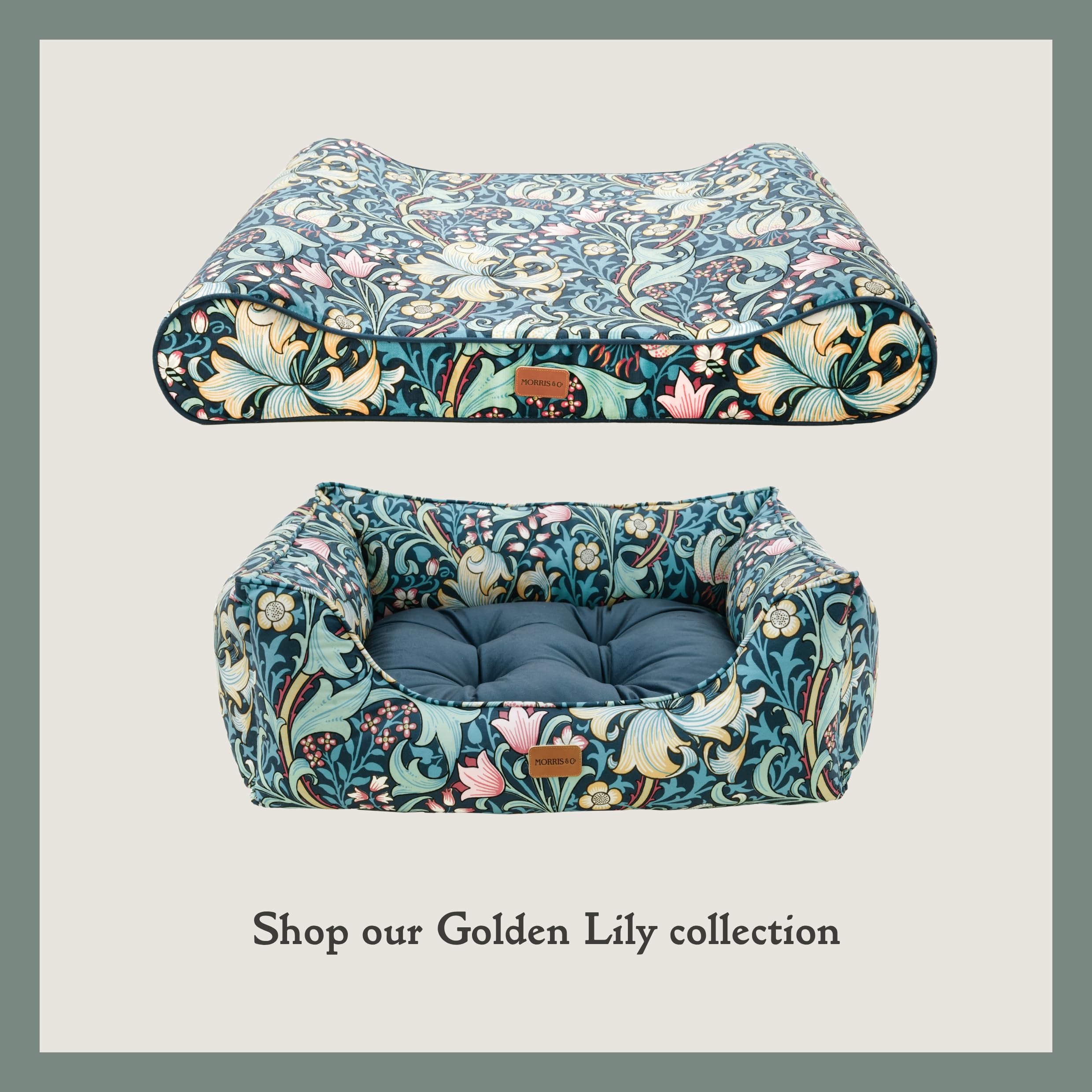Rosewood x Morris & Co. - Colchón reclinable Golden Lily - Cama de Lujo para Perro de Espuma viscoelástica con el icónico Estampado de William Morris, Funda Lavable, Tela Resistente a los arañazos