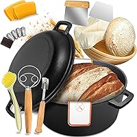 Huolewa 5 QT Pre-Seasoned Cast Iron Dutch Oven with Skillet Lid & Sourdough Baking Kit - Ideal for Bread, Frying, Braising, BBQ