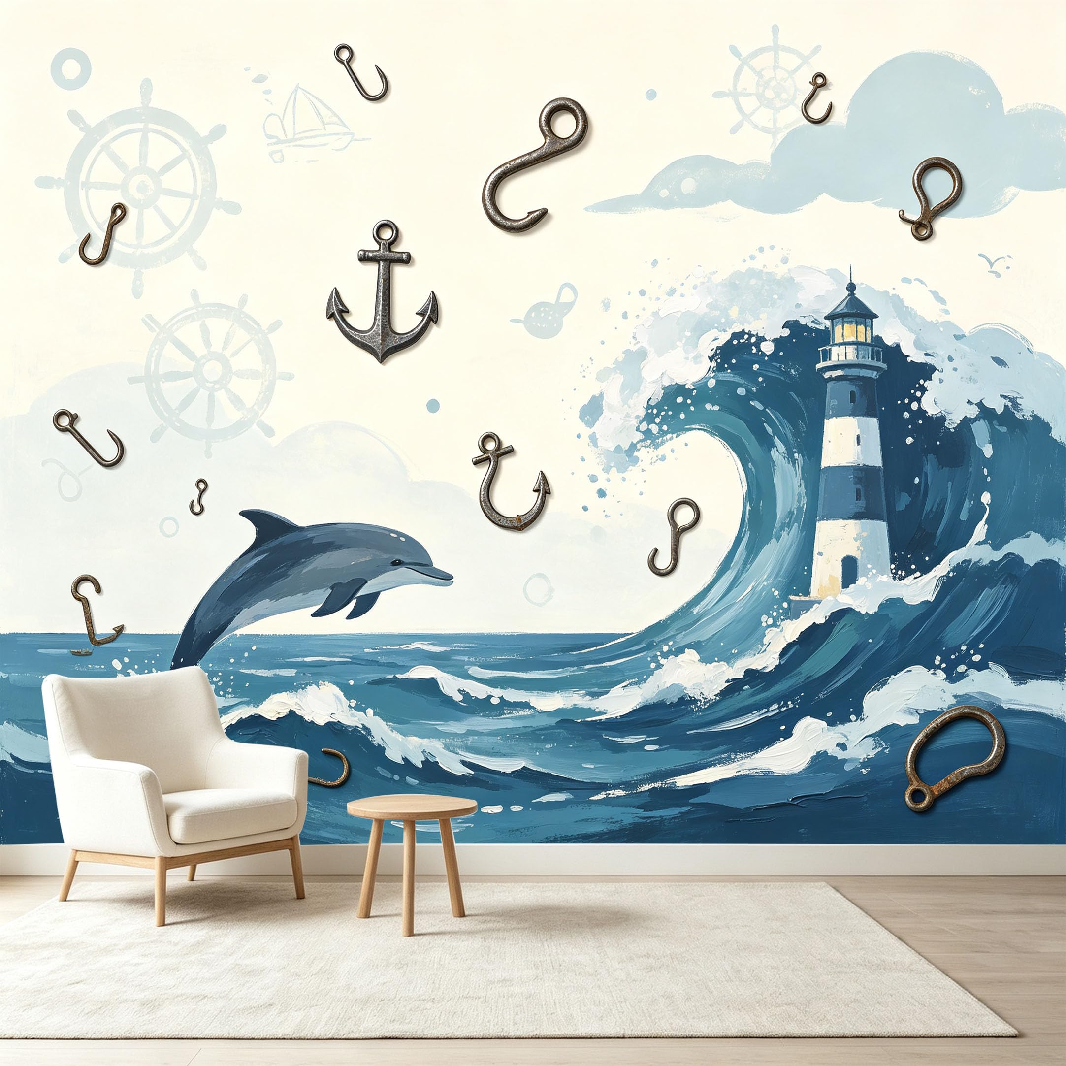 Custom Size Wall Murals Nautical Lighthouse Dolphin Seascape Watercolor Ocean Print Self-Adhesive Wall Fabric Removable Wallpaper Wall Decor for Living Room Bedroom Bathroom