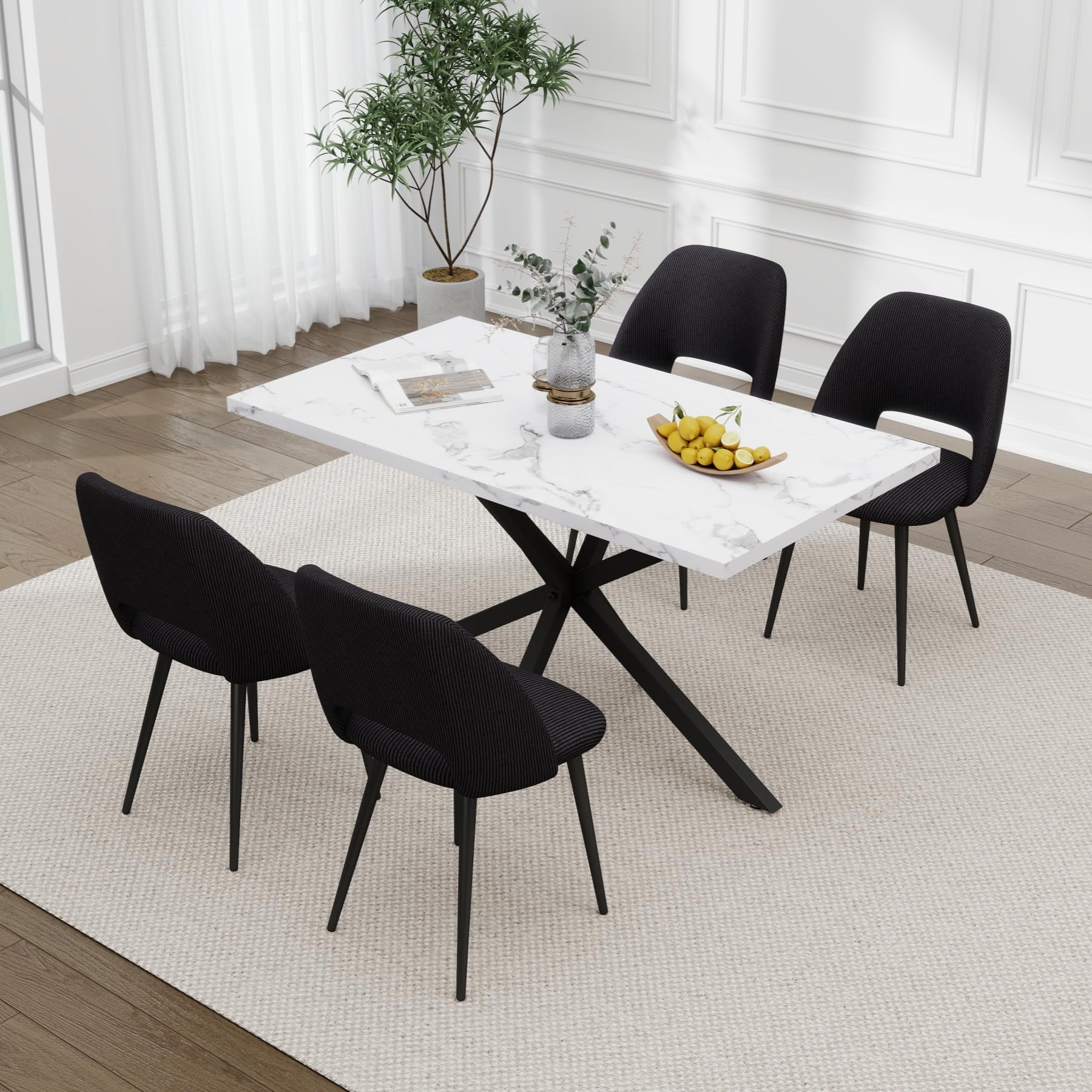 Esstisch und Stuhlset, 140 * 80 * 75 cm Rechteck MDF Esstisch, 4 Gepolsterte Küchenstühle aus Cord mit Hohlrückenlehne, für Esszimmer, Wohnzimmer, Küche (Marmormuster + Schwarz)