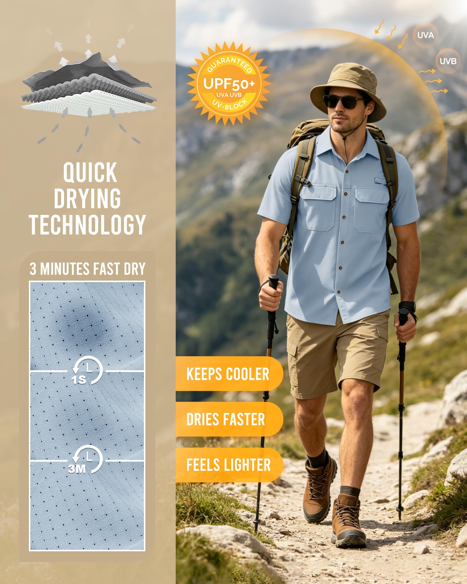 33,000ft Men's UPF 50+ UV Protection Short Sleeved Shirts Quick Dry Button Down Shirts Cooling Hiking Shirt for Travel Safari Fishing