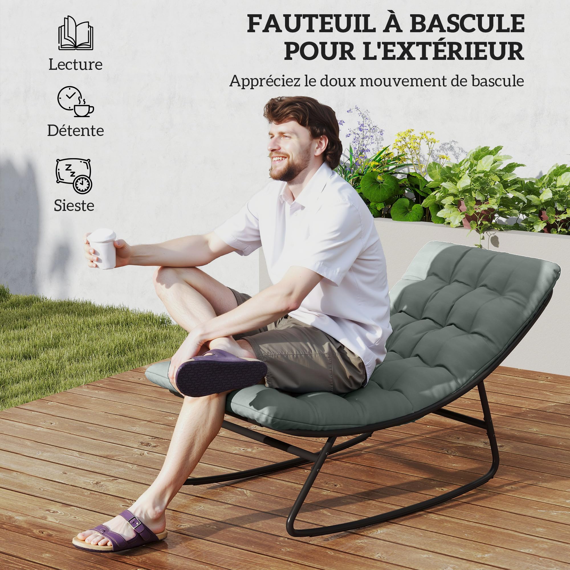 Outsunny Lot de 2 fauteuils à Bascule extérieur, chaises à Bascule avec Coussins épais, siège Tissu textilène Respirant et Cadre en Acier, Rocking Chair extérieur, Jardin, terrasse, Patio, Gris foncé