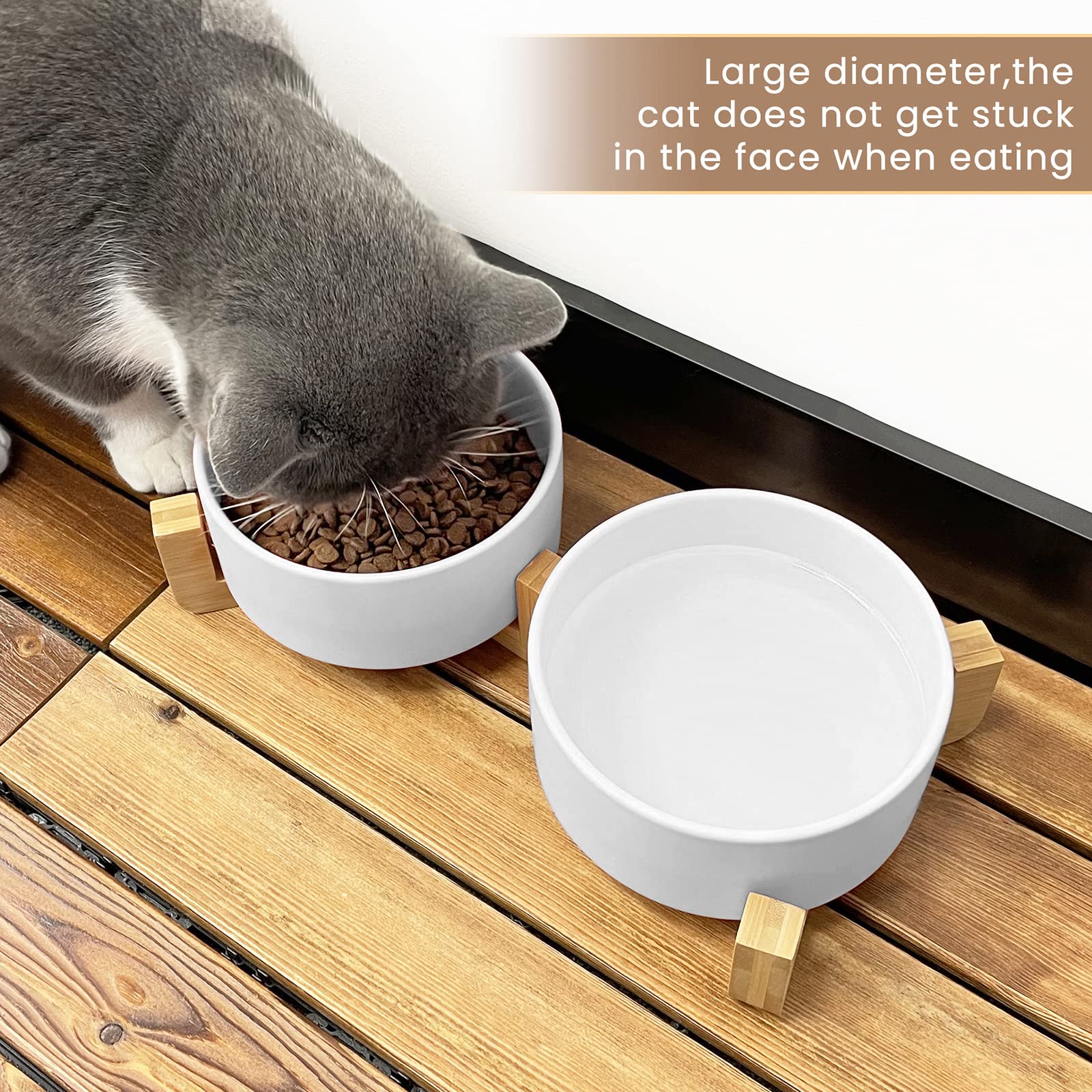 KPWACD Ceramic Pet Bowls for Dog and Cat, Raised Dog Food and Water Bowl Set with Anti-Slip Wooden Stand, White Pets Dish Feeding Bowls Suitable for Small, Medium and Big Cats Dogs, 28 OZ
