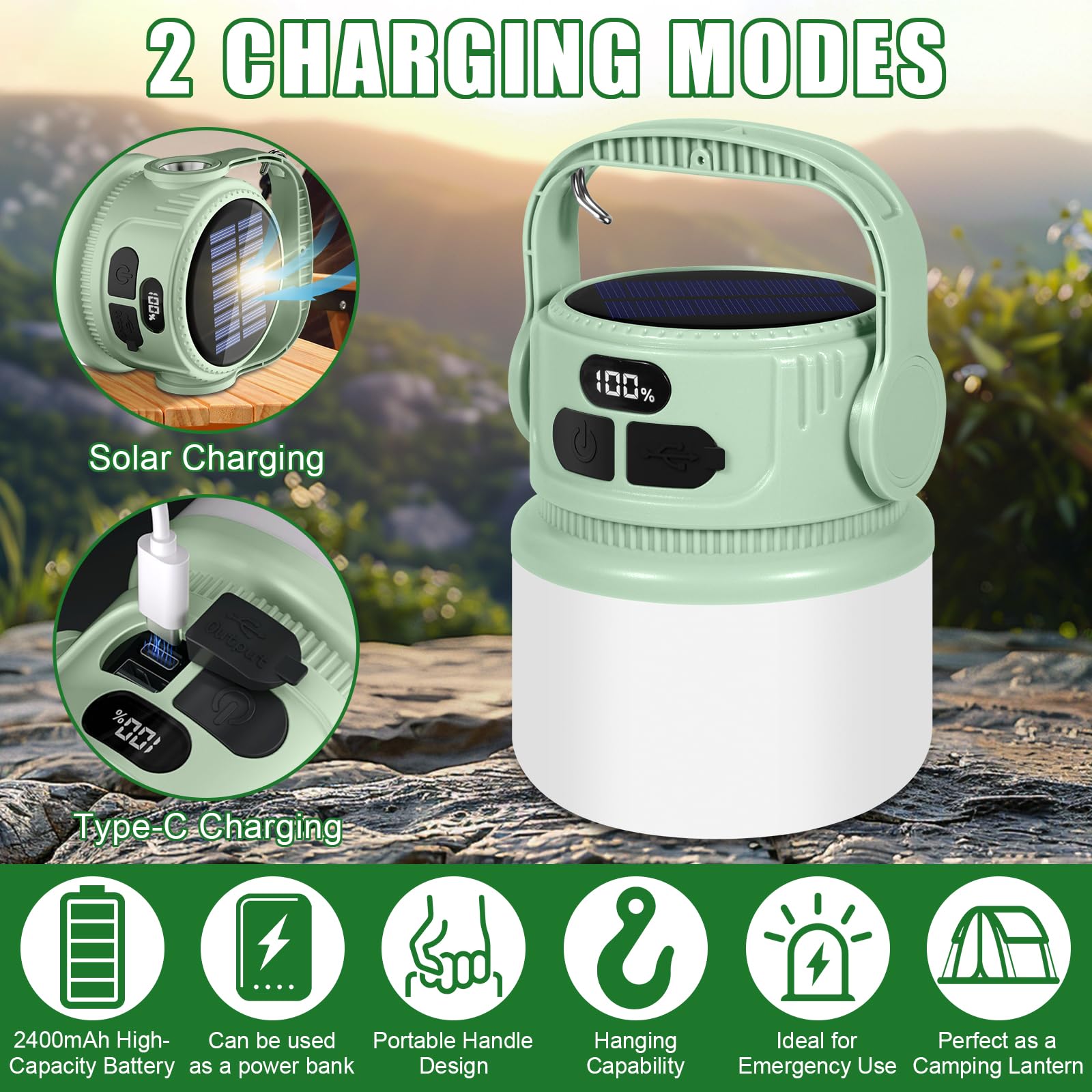 Lámpara Camping Solar Recargable 2400mAh LED Super Brillante IPX5 Impermeable