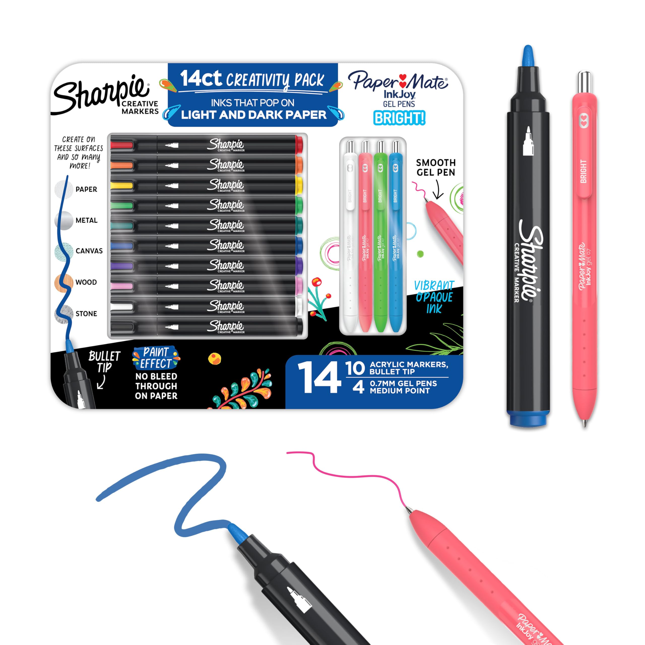 Sharpie Creative Markers, Paint-like Acrylic Markers, Bullet Tip, and Paper Mate InkJoy Bright Gel Pens, Assorted Colors, Teacher Appreciation Pack, 14 Count