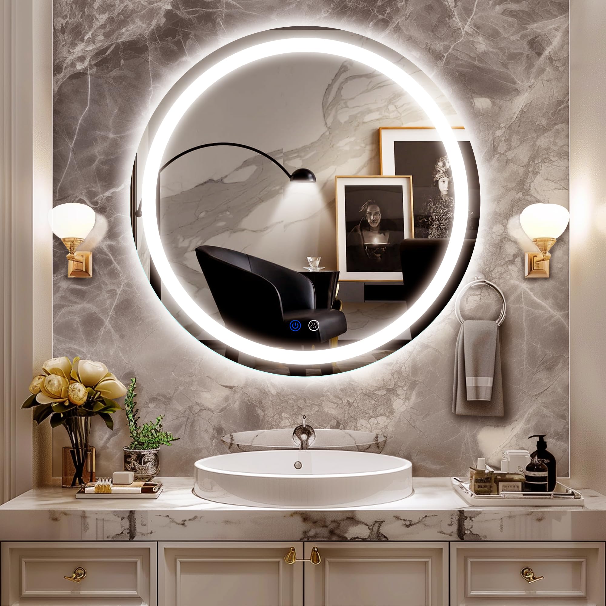 Round LED Bathroom Mirror 24 Inch- Stepless Dimmable Wall Mirrors with Anti-Fog Vanity Mirror with 3 Color Modes, Dimmable CRI>90, Shatter-Proof, Circle Memory Makeup Mirror with LED Lights