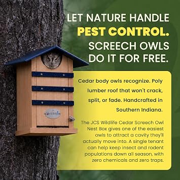 JCS Wildlife Screech Owl House Cedar Nesting Box with Poly Lumber Roof, Saw-Whet Owl Box for Outside, Drainage Ventilation, Easy Cleanout, Made in USA, Cardinal Red