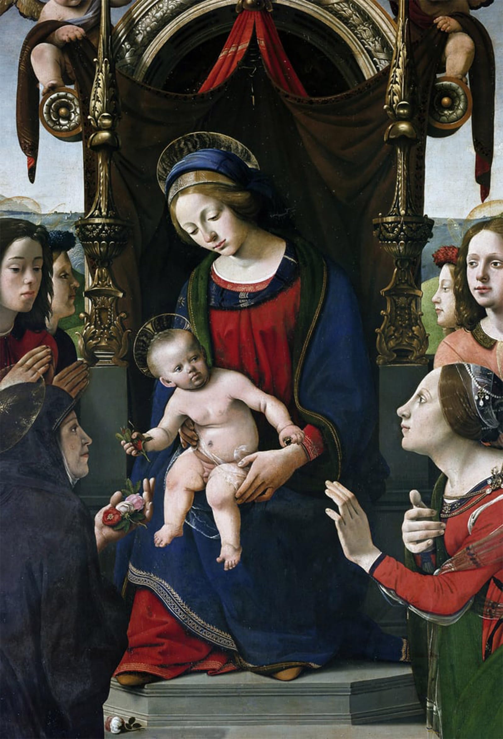 ARTXLXXBN Famous Painting Canvas Artwork Graffiti Print Virgin and Child on the Throne Surrounded by Piero Di Cosimo Portrait Canvas Image for Home Decor 60x90cm