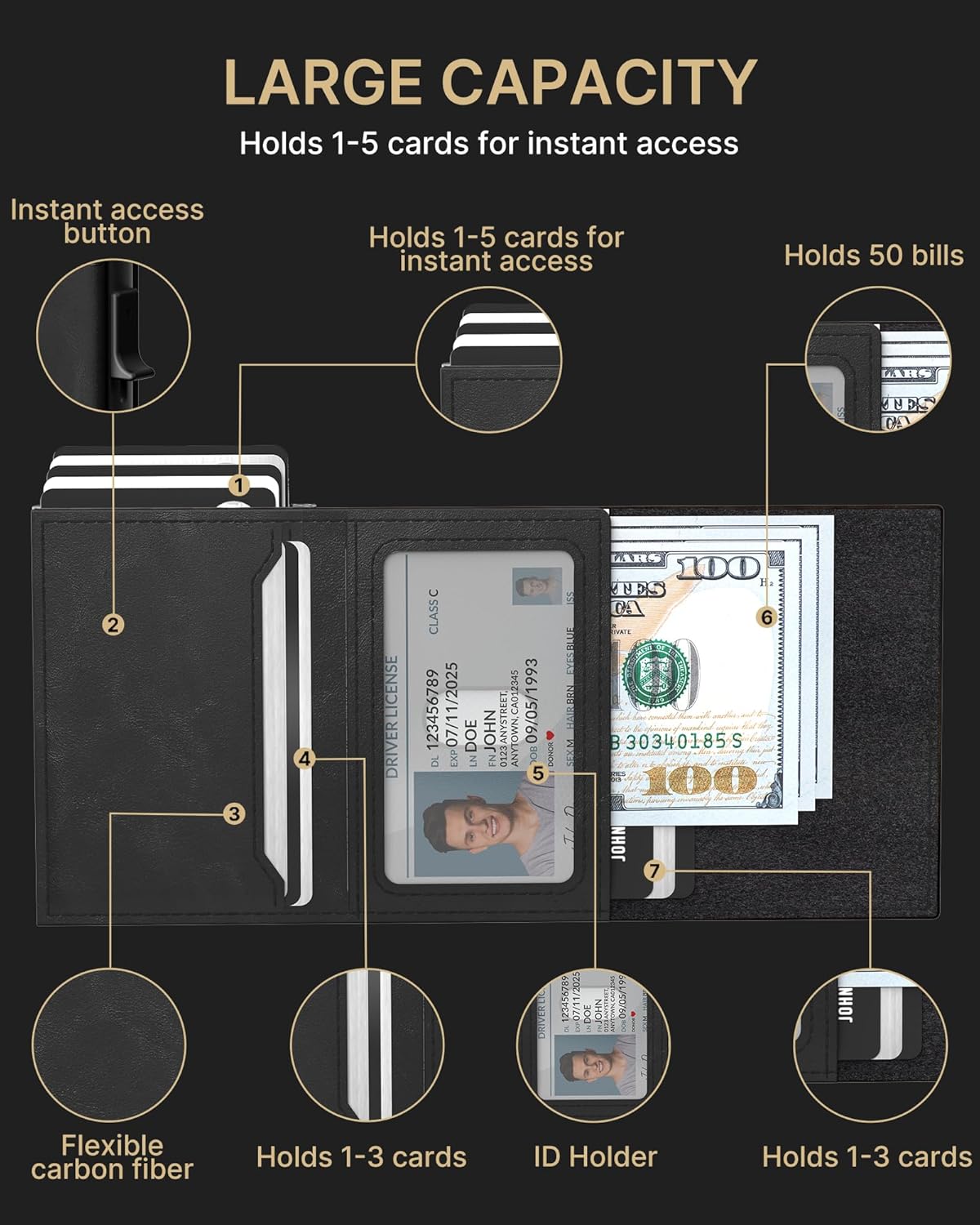 typecase Mens Wallet Card Holder: Pop Up Aluminum Case, Genuine Leather, Smart, RFID Blocking, Slim, Minimalist, Front Pocket - 9-14 Card Capacity | ID Window | Cash Slot - Oil Wax Black - Image 3