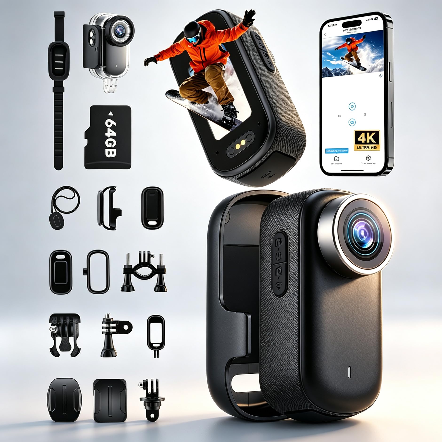 Action Cam a 360° con touch screen e batteria di 8 ore, impermeabile fino a 30 m con alloggiamento, fotocamera POV grandangolare 120° con 10+ accessori per ciclismo, viaggi, sport, inclusa scheda TF
