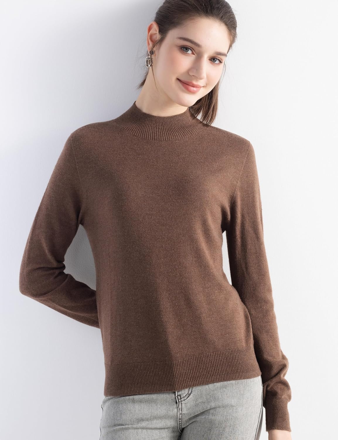 Women's Merino Wool Blend Sweater Fall Winter Mock Neck Long Sleeve First-Line Ready to Wear Seamless Knit Sweater - Image 5