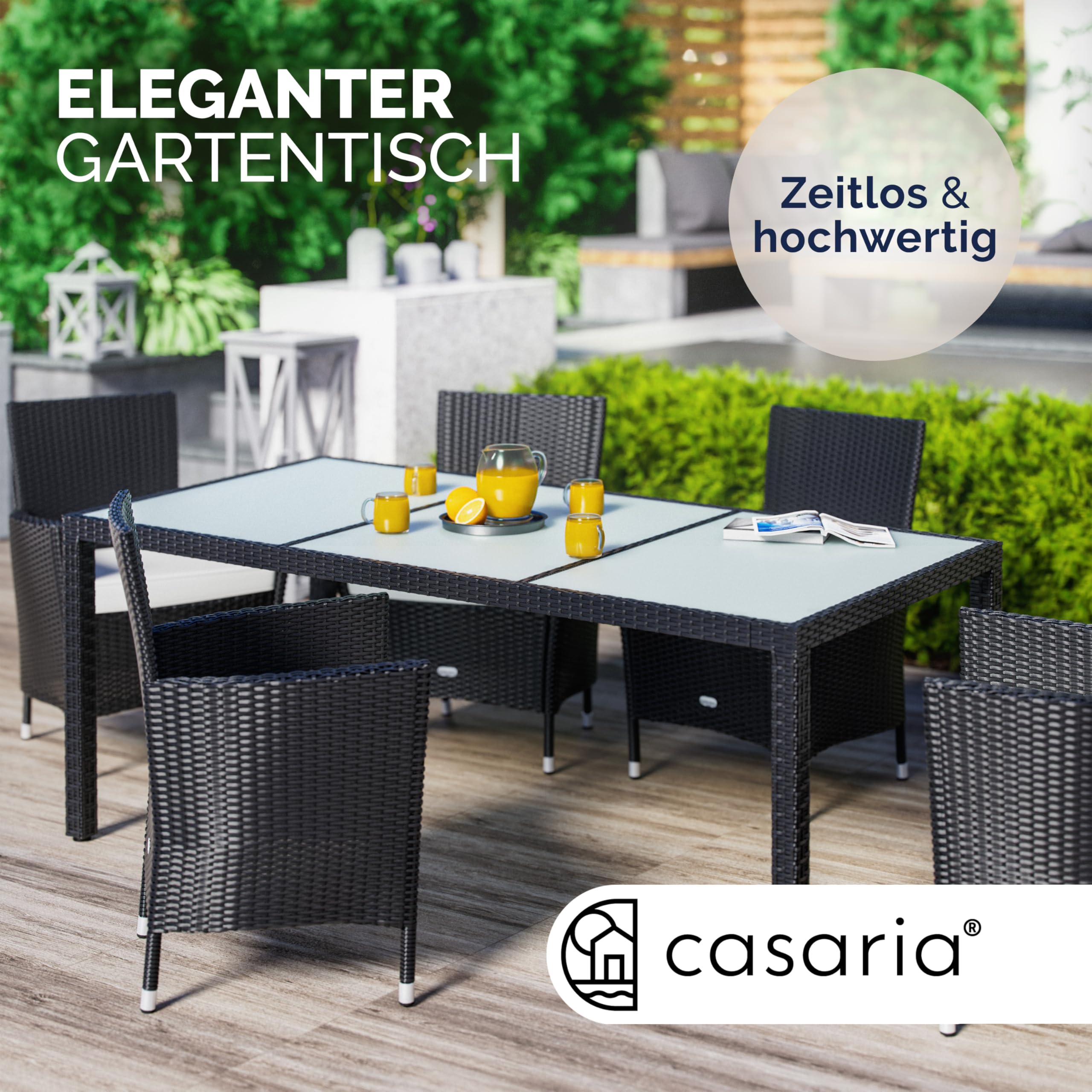 Casaria® Gartentisch Wetterfest 190x90x75cm Polyrattan Höhenverstellbar 5mm Sicherheitsglas Garten Terrasse Esstisch Outdoor Tisch Gartenmöbel Schwarz