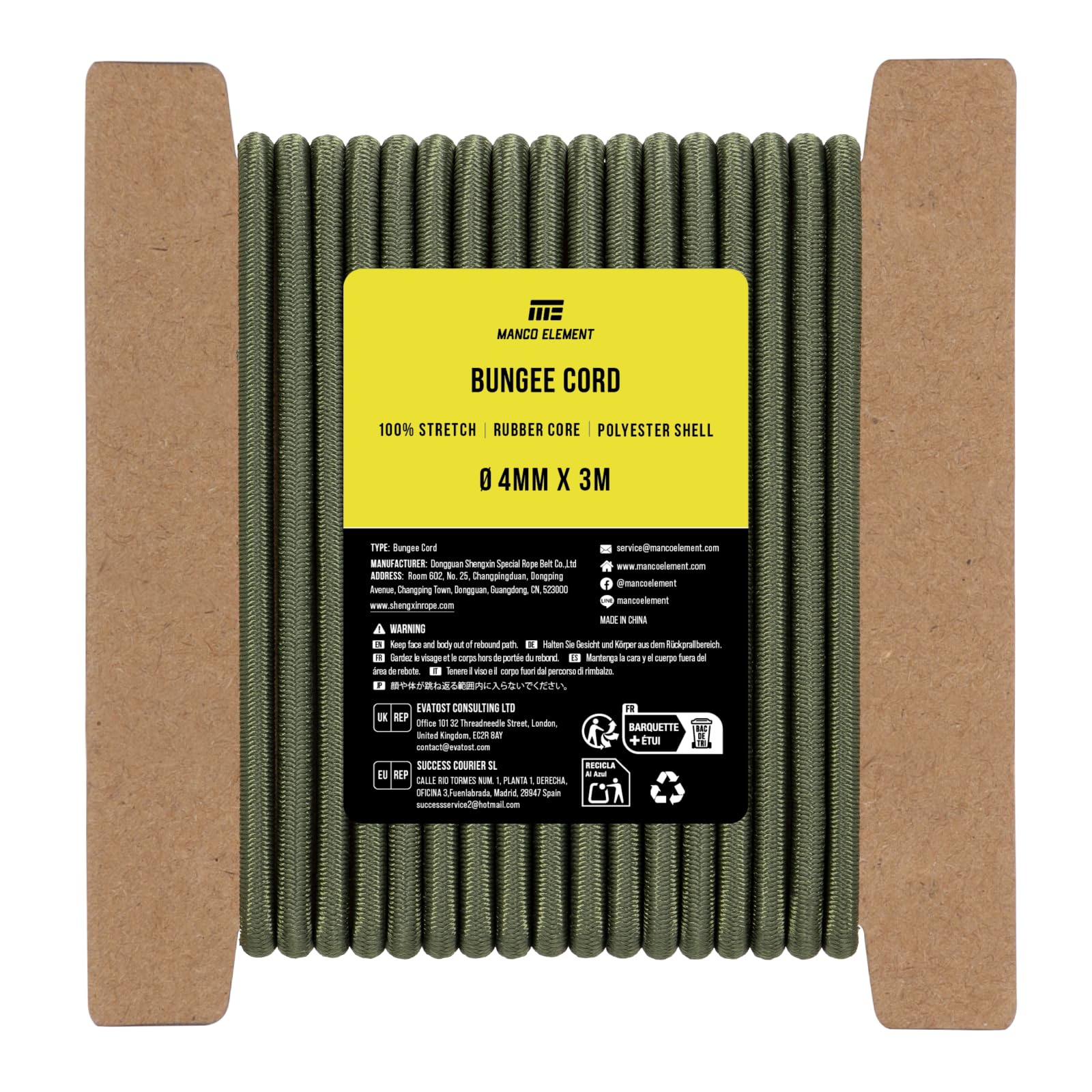 Manco Element Bungee Cord 4mm x 3m Elastic Cord Shock Cord - Army Green